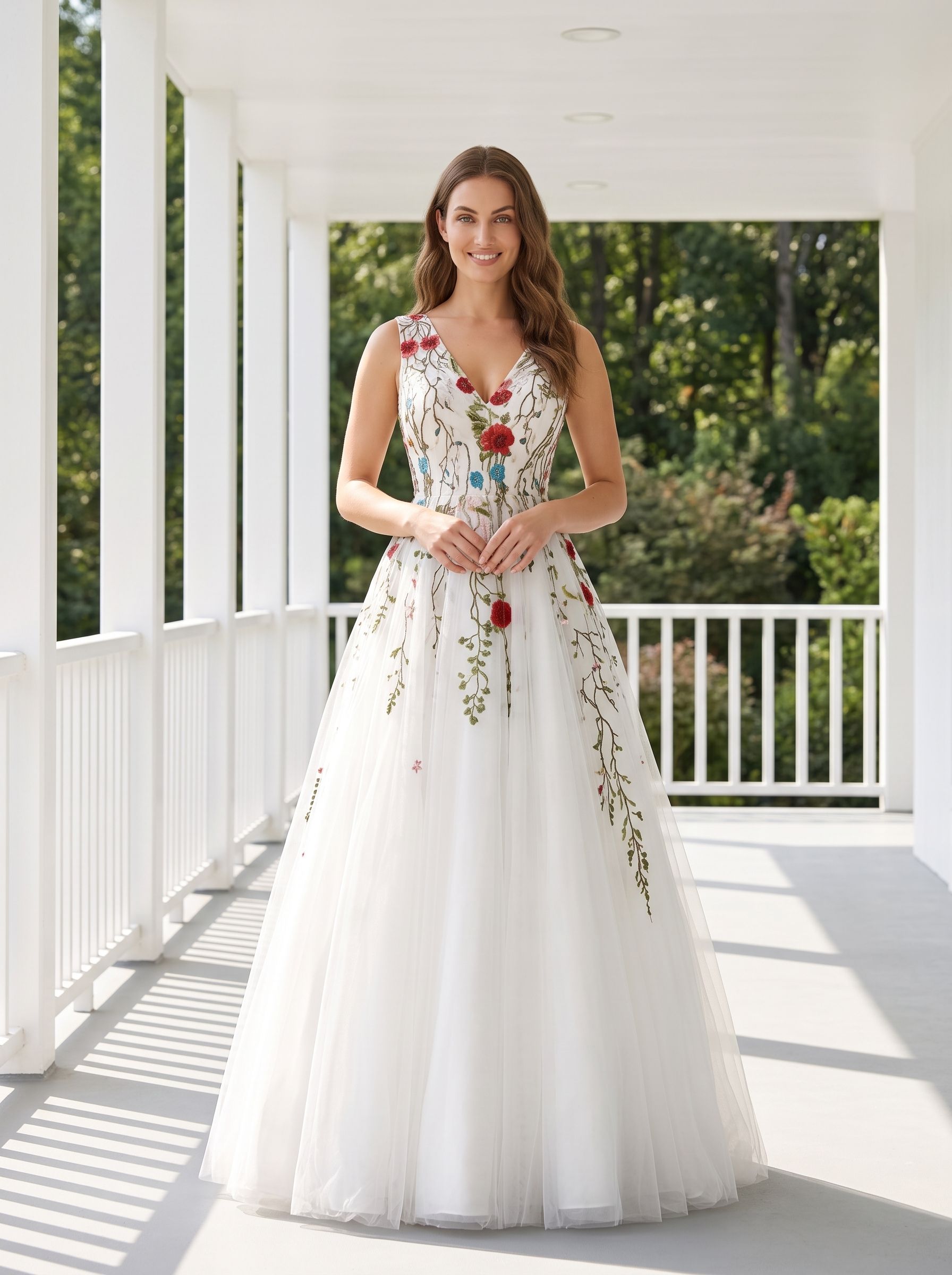 White Tulle and Lace A-Line V-Neck Back Zip Floor-Length Dress with Floral embroidery appliques
