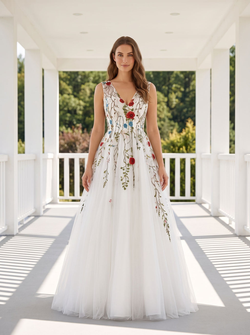 White Tulle and Lace A-Line V-Neck Back Zip Floor-Length Dress with Floral embroidery appliques