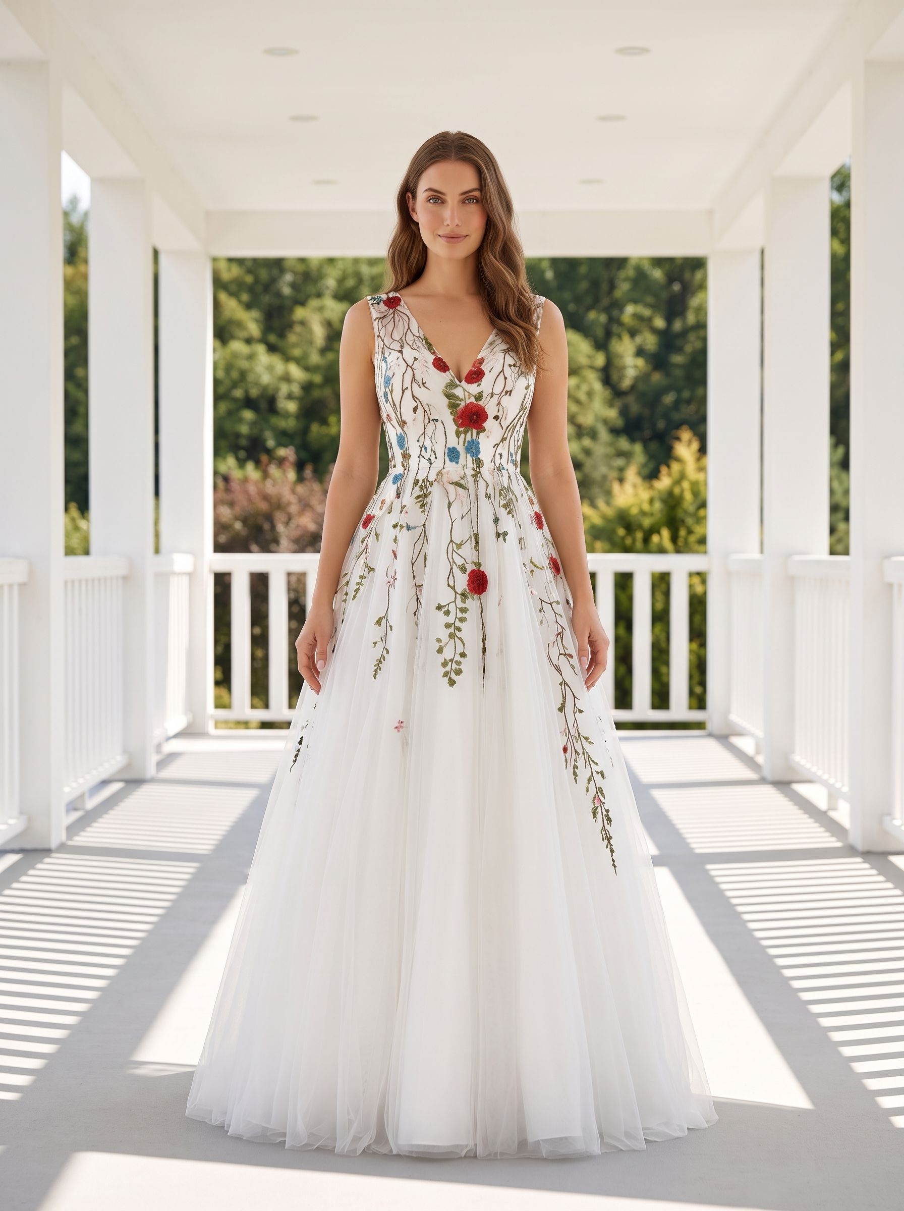 White Tulle and Lace A-Line V-Neck Back Zip Floor-Length Dress with Floral embroidery appliques