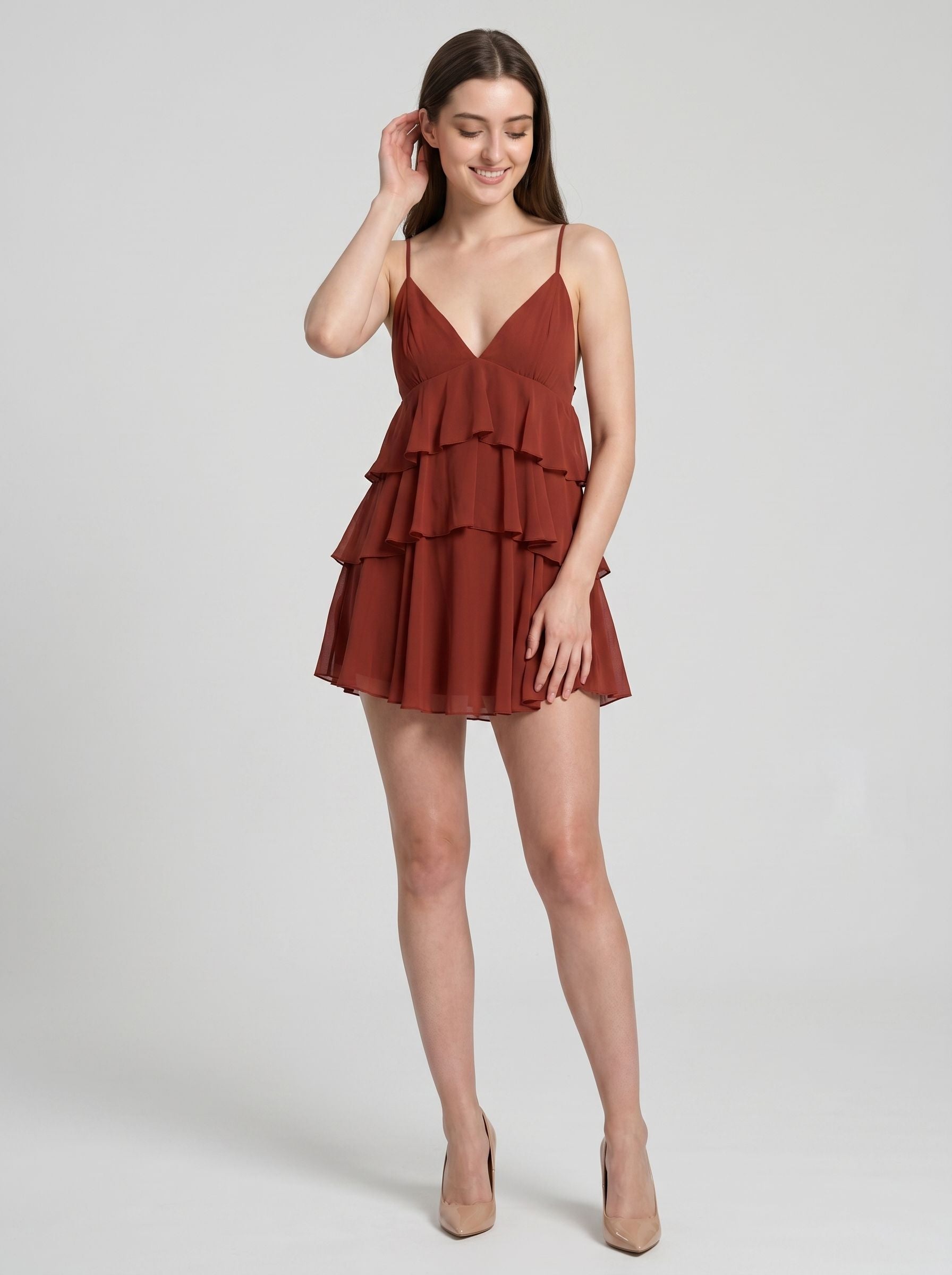 Wine Chiffon A-Line V-Neck Backless Short Dress with Cascading Ruffles