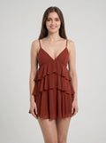 Wine Chiffon A-Line V-Neck Backless Short Dress with Cascading Ruffles
