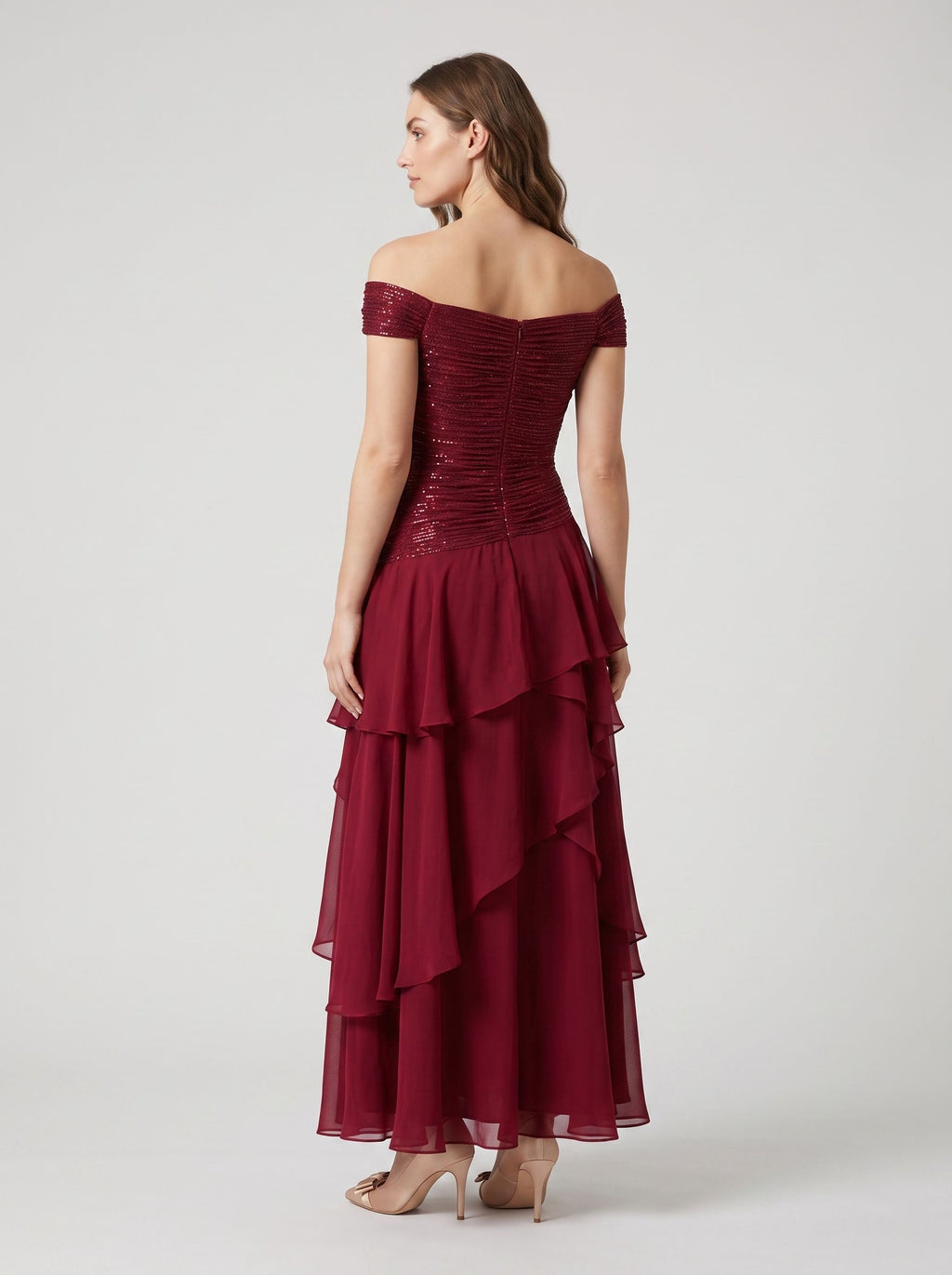 Wine Chiffon A-Line Straight Neck Back Zip Floor-Length Dress with Pleated Bodice