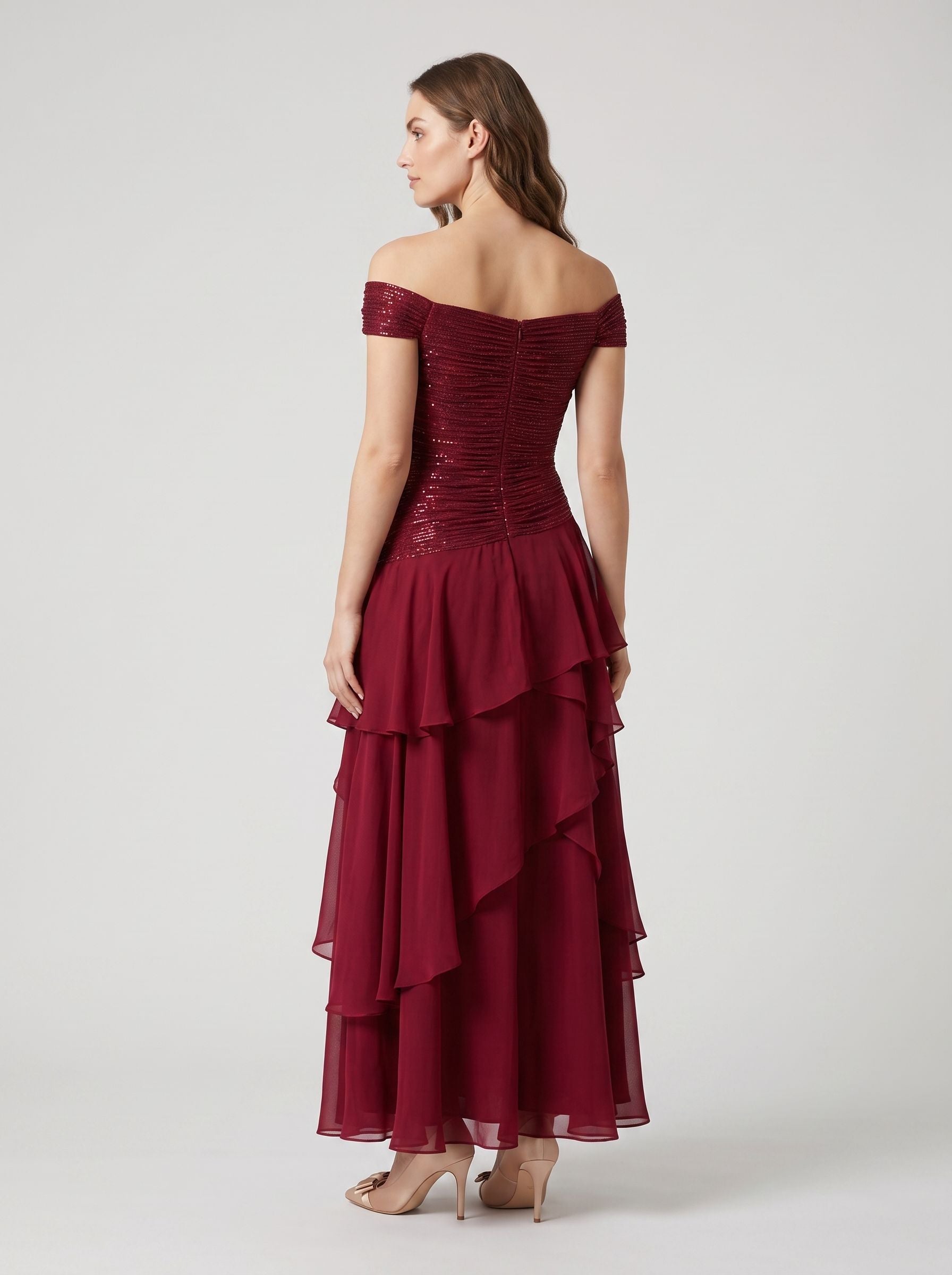 Wine Chiffon A-Line Straight Neck Back Zip Floor-Length Dress with Pleated Bodice