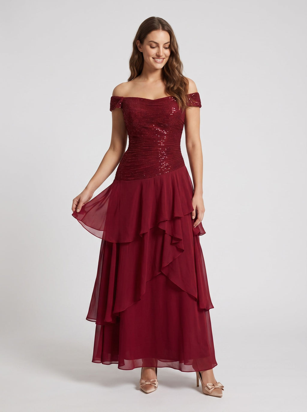 Wine Chiffon A-Line Straight Neck Back Zip Floor-Length Dress with Pleated Bodice