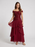 Wine Chiffon A-Line Straight Neck Back Zip Floor-Length Dress with Pleated Bodice