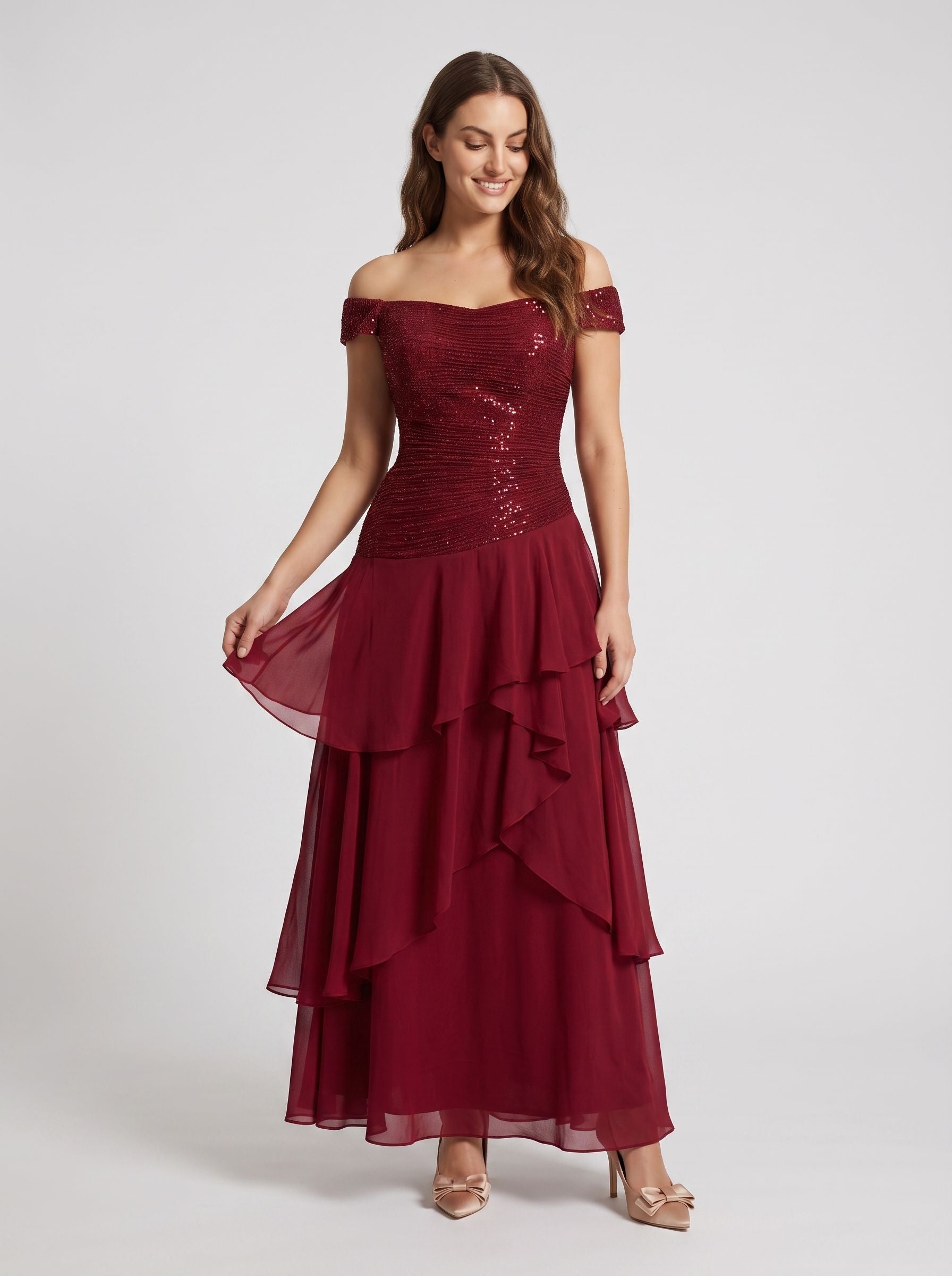 Wine Chiffon A-Line Straight Neck Back Zip Floor-Length Dress with Pleated Bodice
