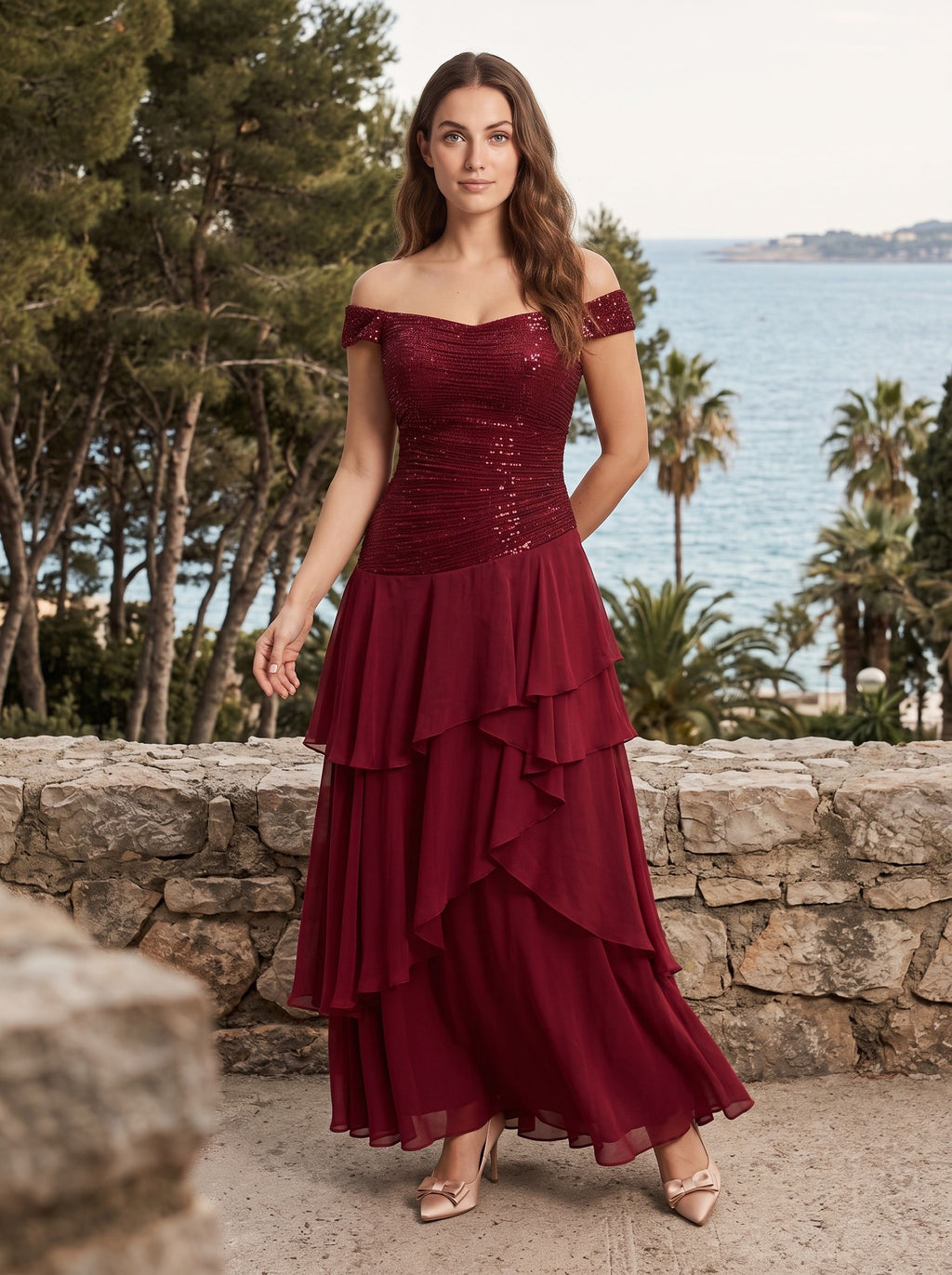 Wine Chiffon A-Line Straight Neck Back Zip Floor-Length Dress with Pleated Bodice
