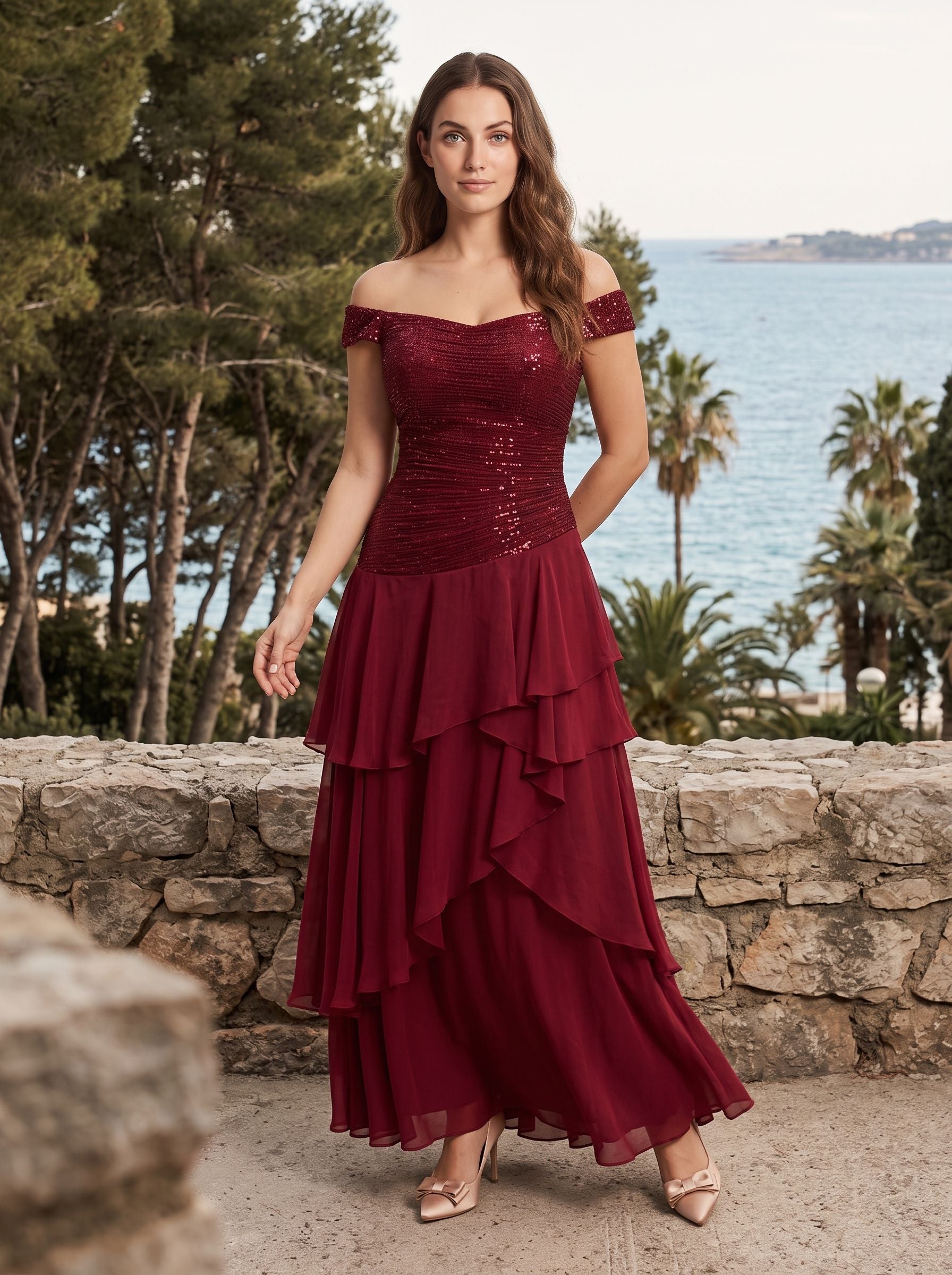 Wine Chiffon A-Line Straight Neck Back Zip Floor-Length Dress with Pleated Bodice