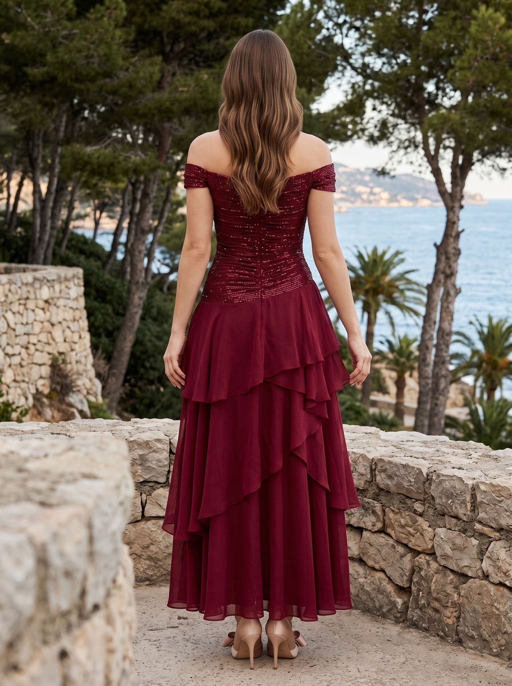 Wine Chiffon A-Line Straight Neck Back Zip Floor-Length Dress with Pleated Bodice