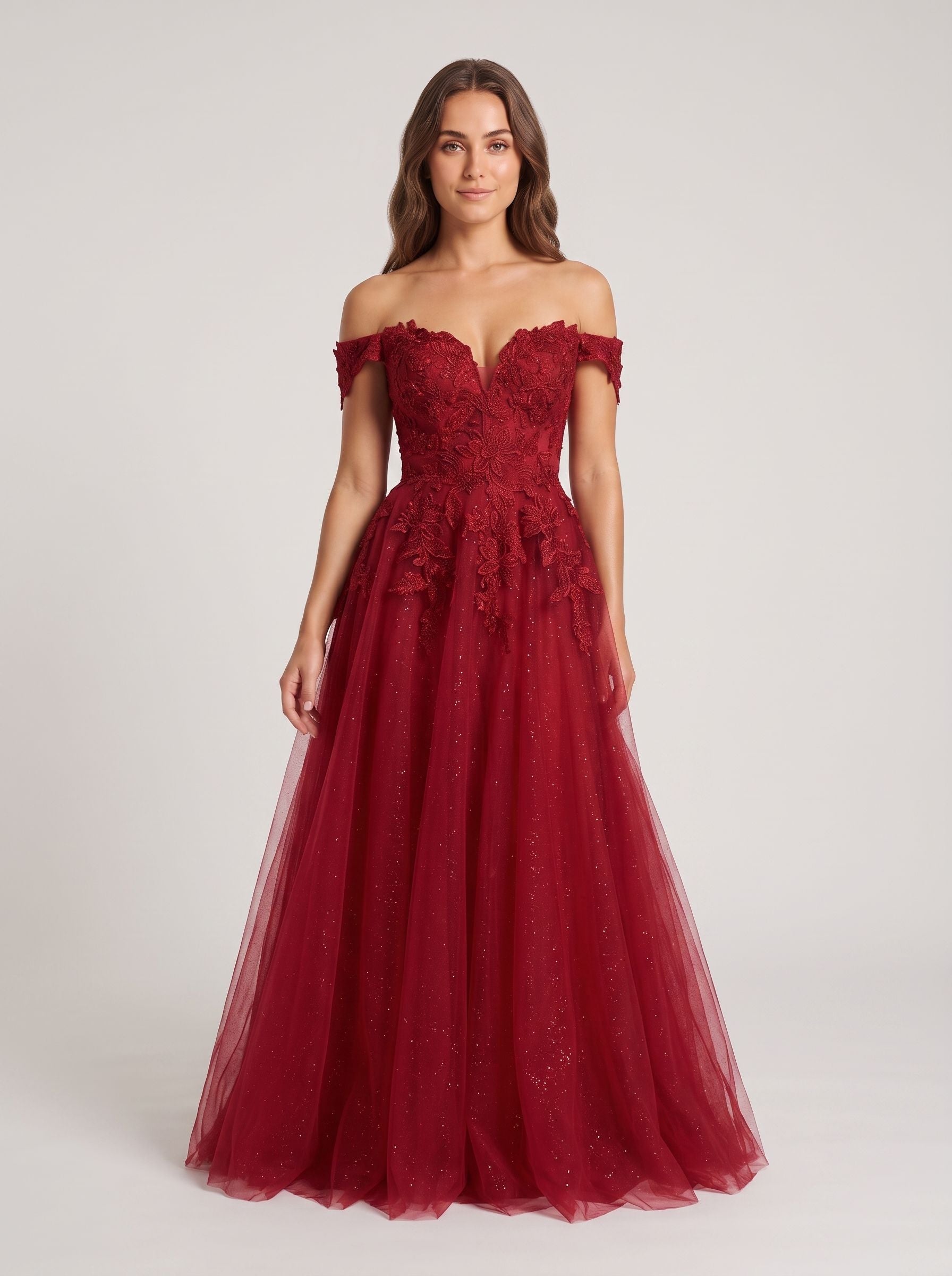 Wine Lace A-Line Off-the-Shoulder Lace-up Floor-Length Dress with Sheer Bodice