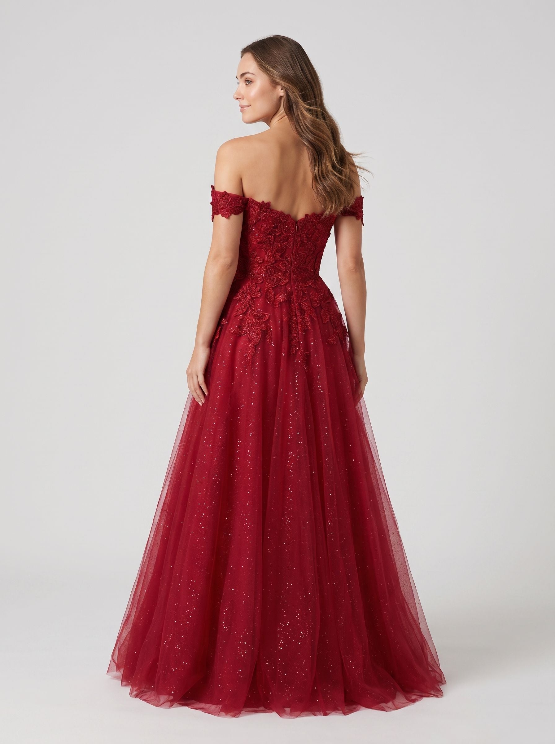 Wine Lace A-Line Off-the-Shoulder Lace-up Floor-Length Dress with Sheer Bodice