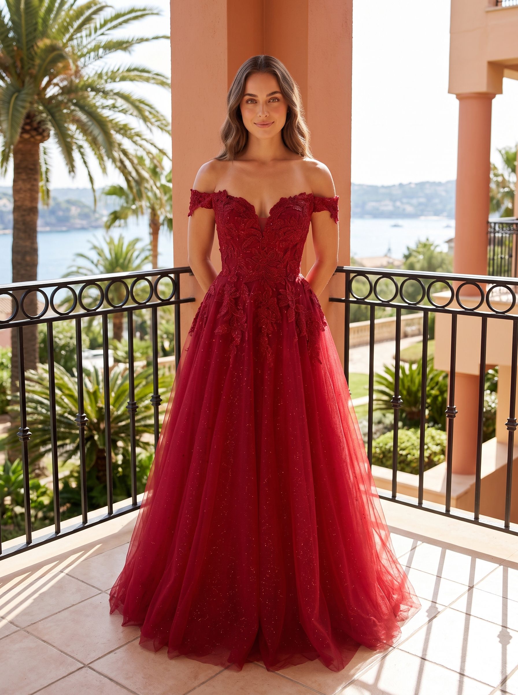Wine Lace A-Line Off-the-Shoulder Lace-up Floor-Length Dress with Sheer Bodice