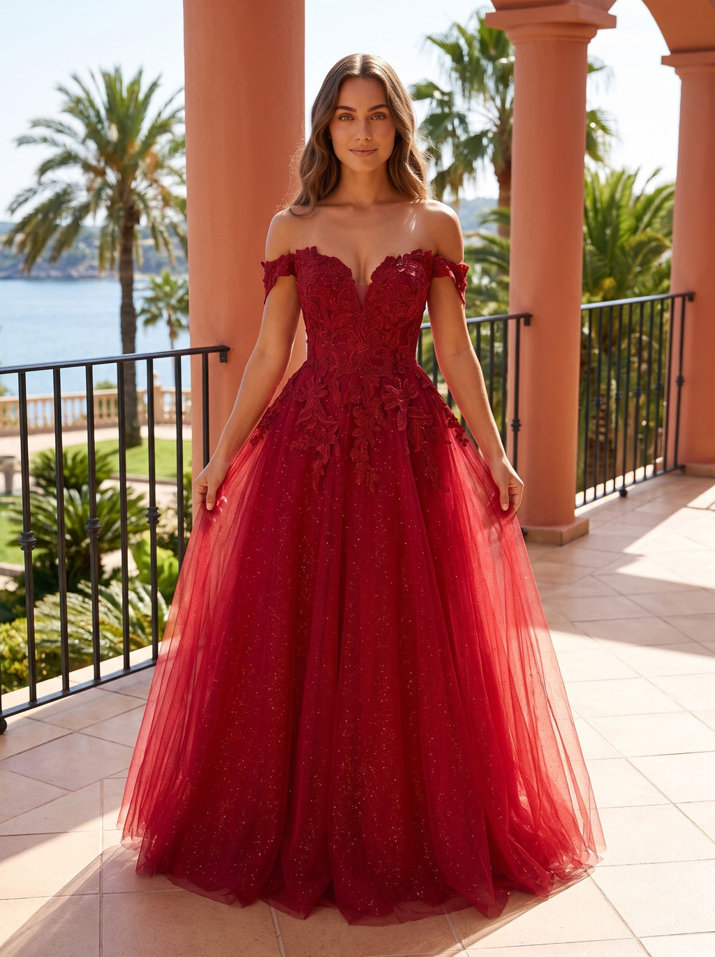 Wine Lace A-Line Off-the-Shoulder Lace-up Floor-Length Dress with Sheer Bodice