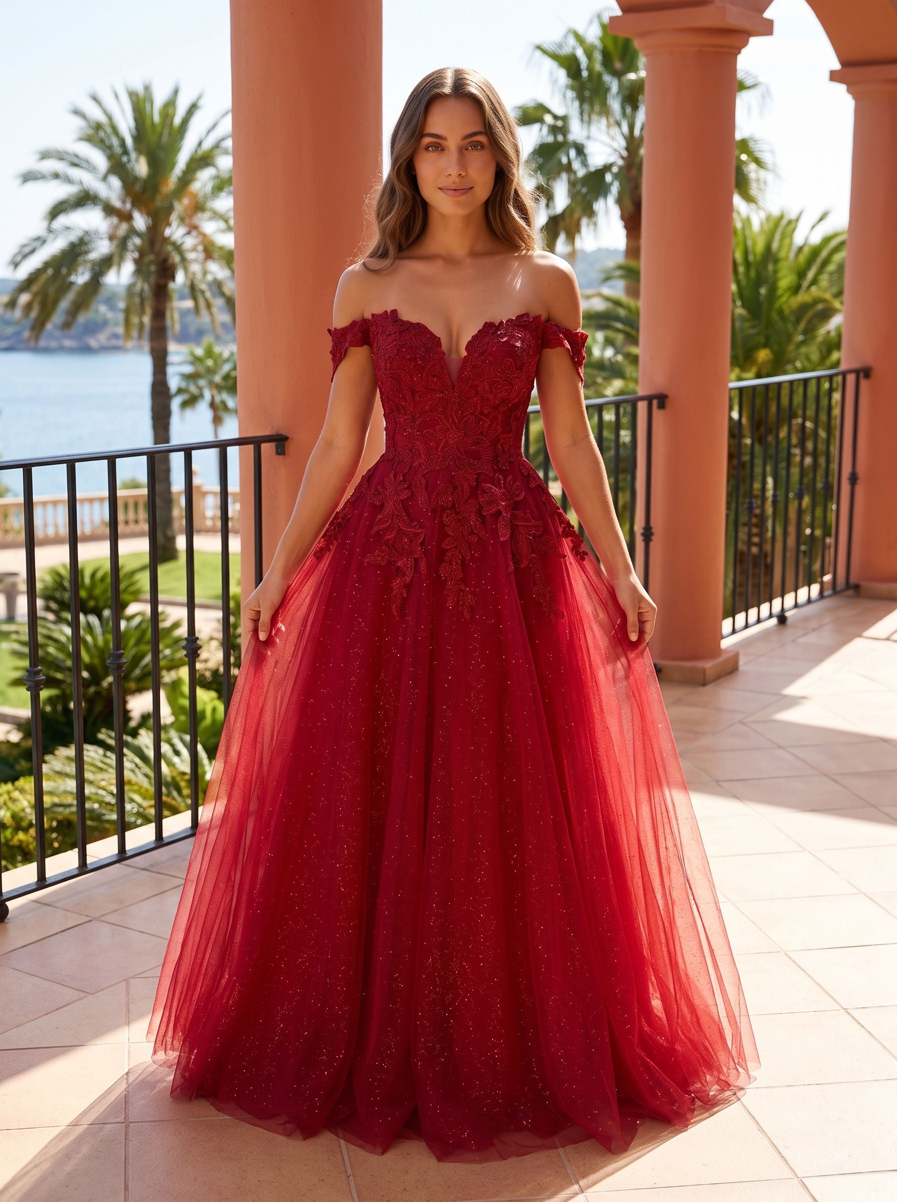 Wine Lace A-Line Off-the-Shoulder Lace-up Floor-Length Dress with Sheer Bodice