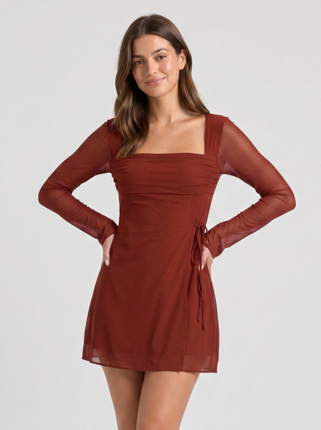 Wine Mesh A-Line Square Neck Back Zip Short Dress with Sheer Long Sleeves