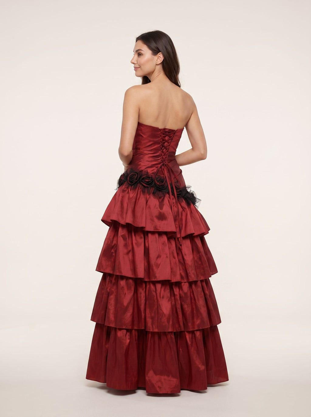 Wine Satin A-Line Sweetheart Lace-up Floor-Length Dress with Tiered Ruffles