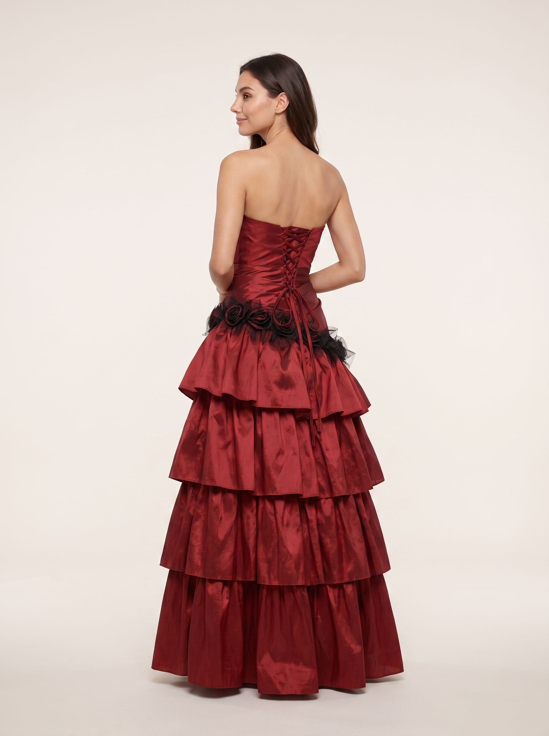 Wine Satin A-Line Sweetheart Lace-up Floor-Length Dress with Tiered Ruffles