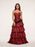 Wine Satin A-Line Sweetheart Lace-up Floor-Length Dress with Tiered Ruffles