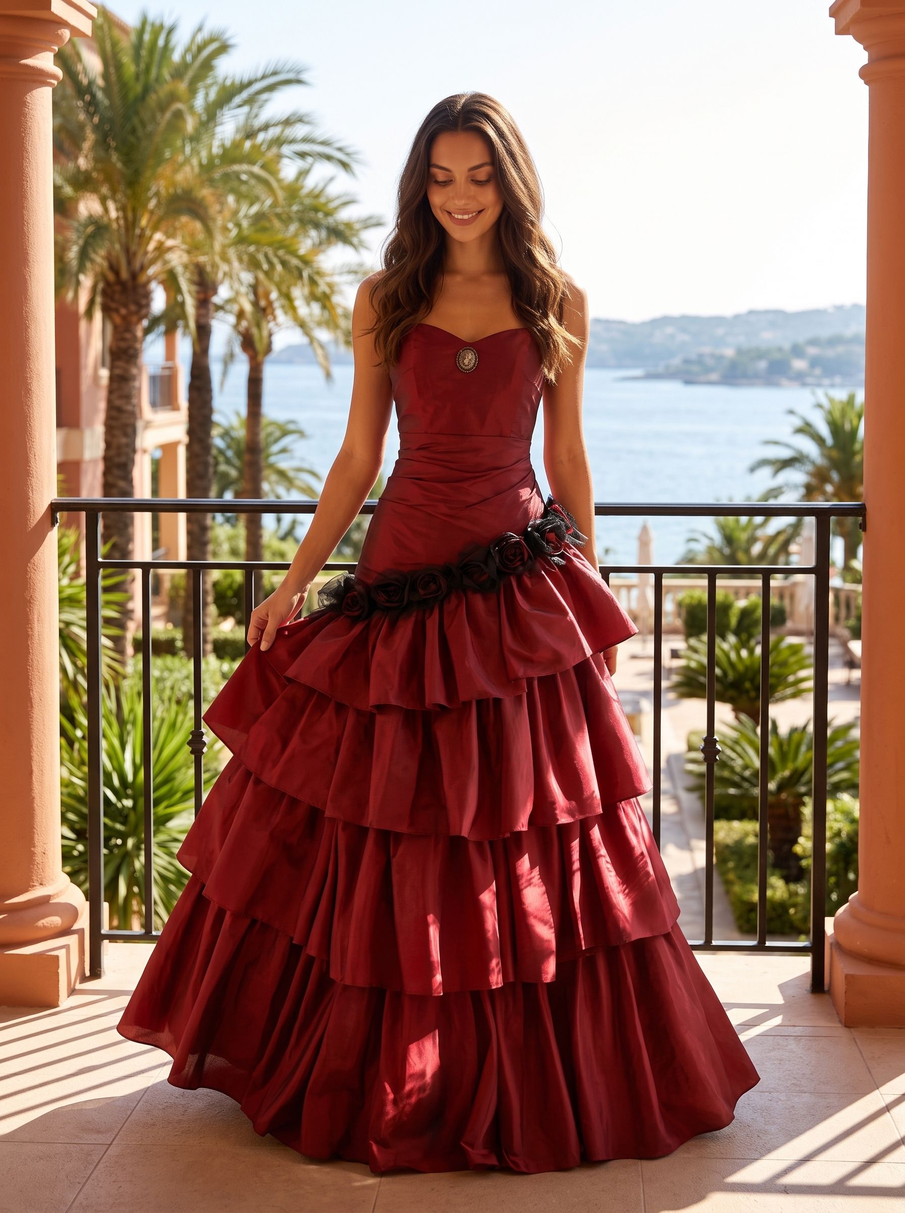 Wine Satin A-Line Sweetheart Lace-up Floor-Length Dress with Tiered Ruffles