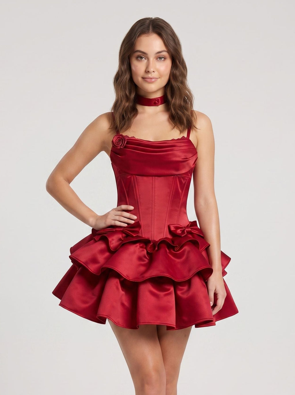 Wine Satin A-Line Cowl Neck Lace-up Short Dress with Layered Skirt