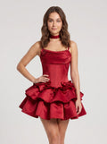 Wine Satin A-Line Cowl Neck Lace-up Short Dress with Layered Skirt