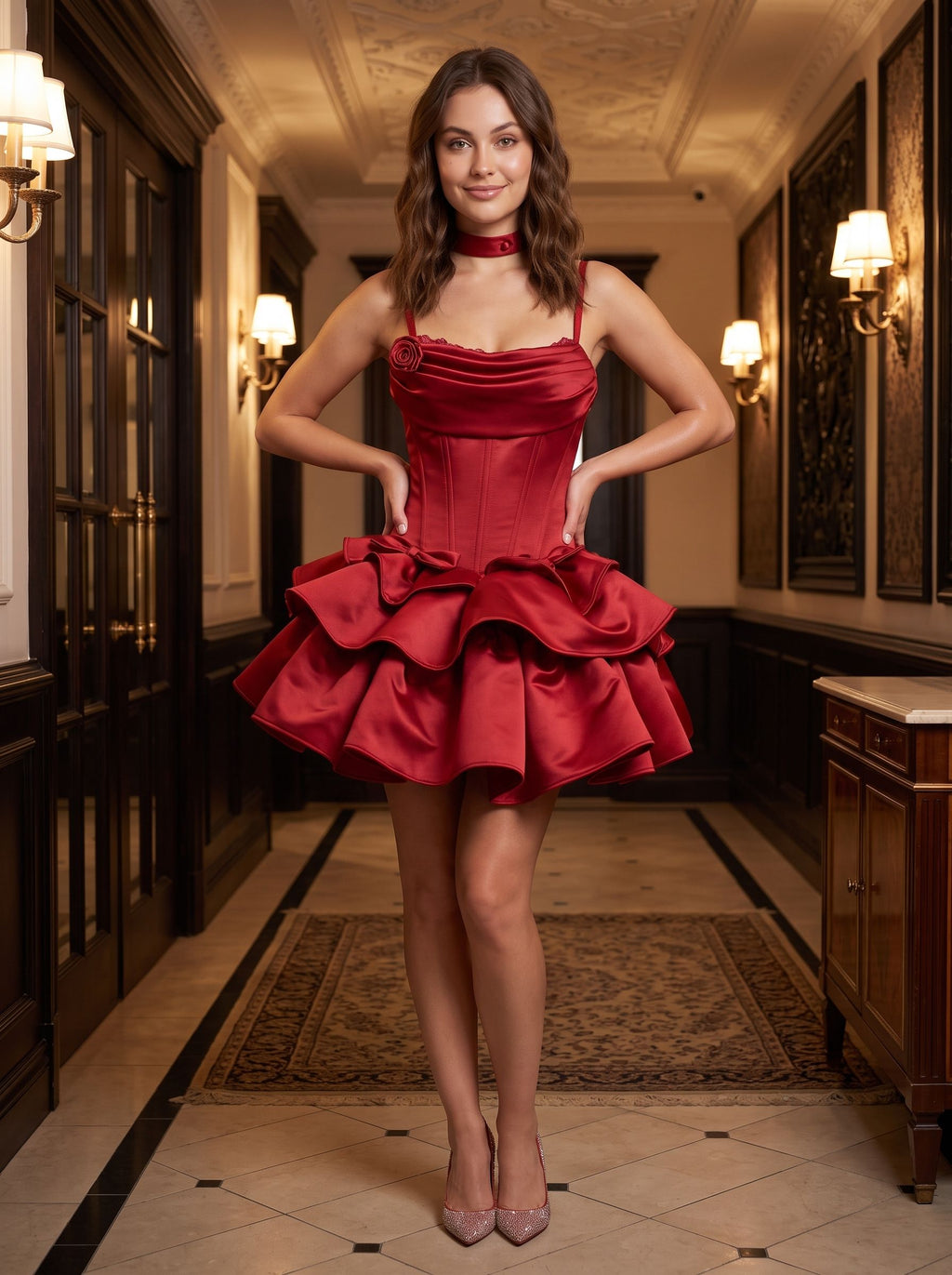 Wine Satin A-Line Cowl Neck Lace-up Short Dress with Layered Skirt