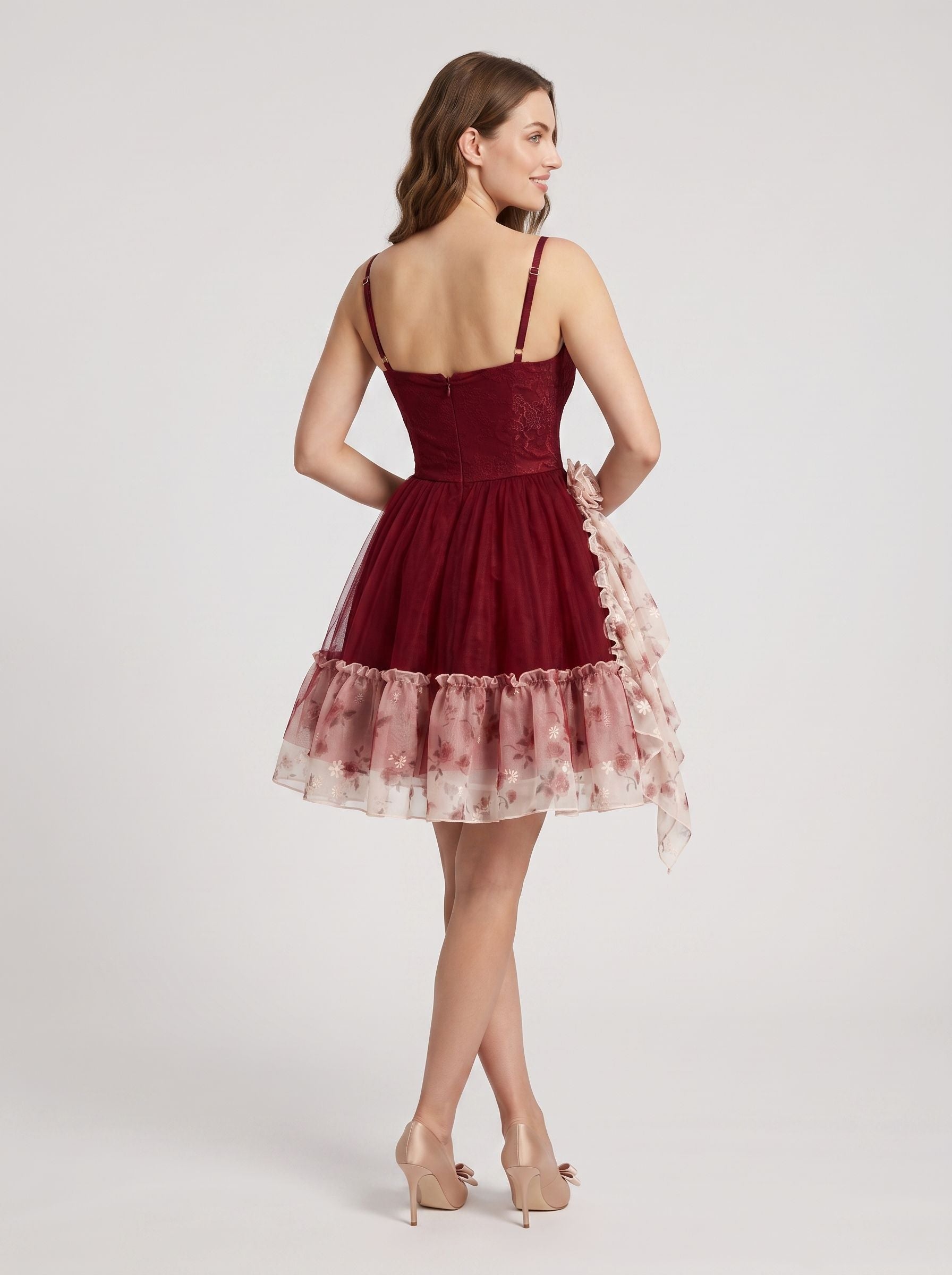 Red Satin A-Line V-Neck Back Zip Short Dress with 3D Flower