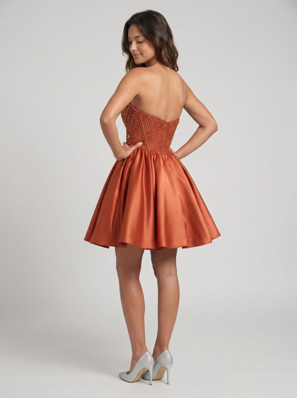 Rust Satin A-Line Sweetheart Back Zip Short Dress with Beaded Corset Bodice
