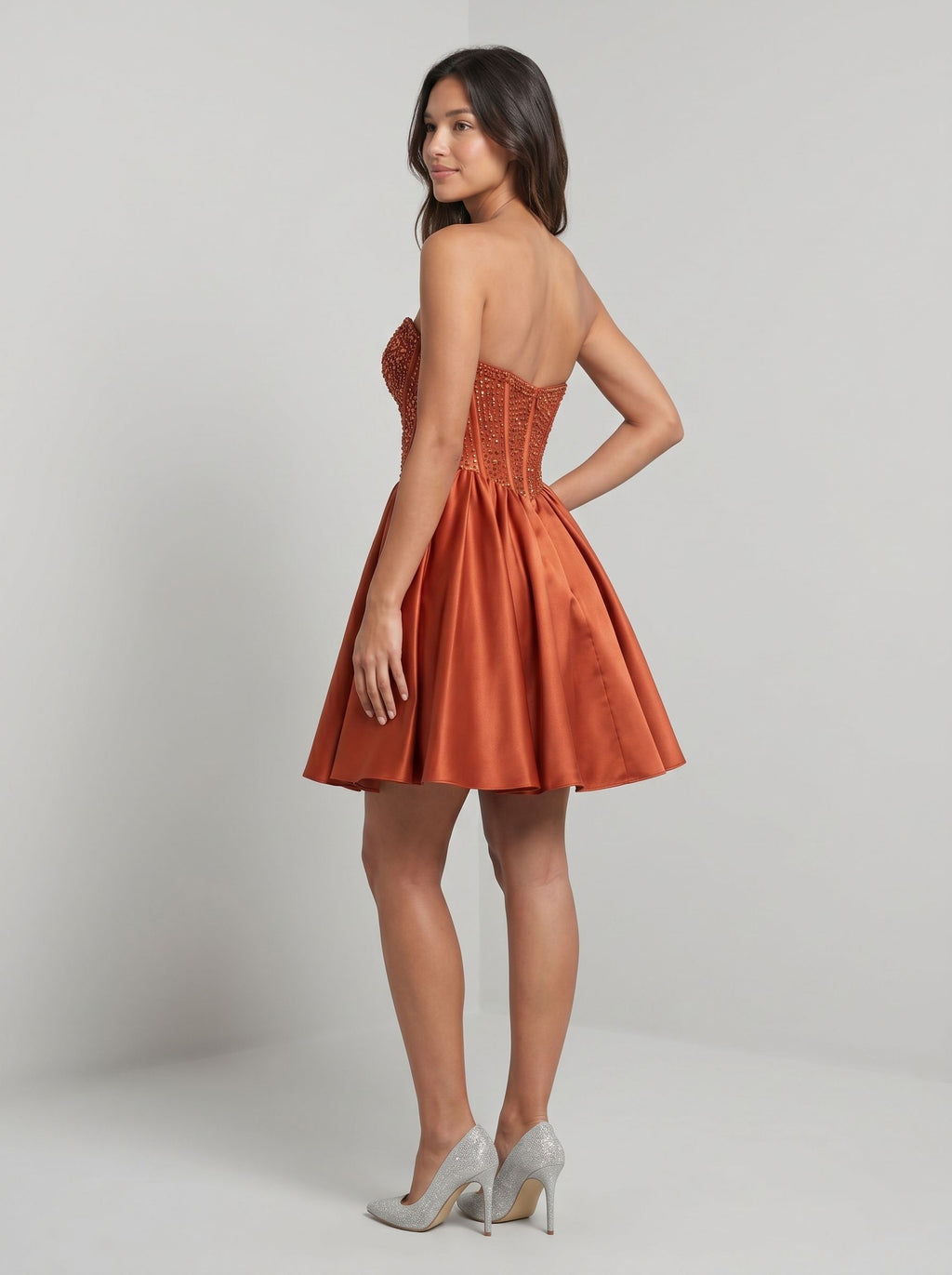 Rust Satin A-Line Sweetheart Back Zip Short Dress with Beaded Corset Bodice