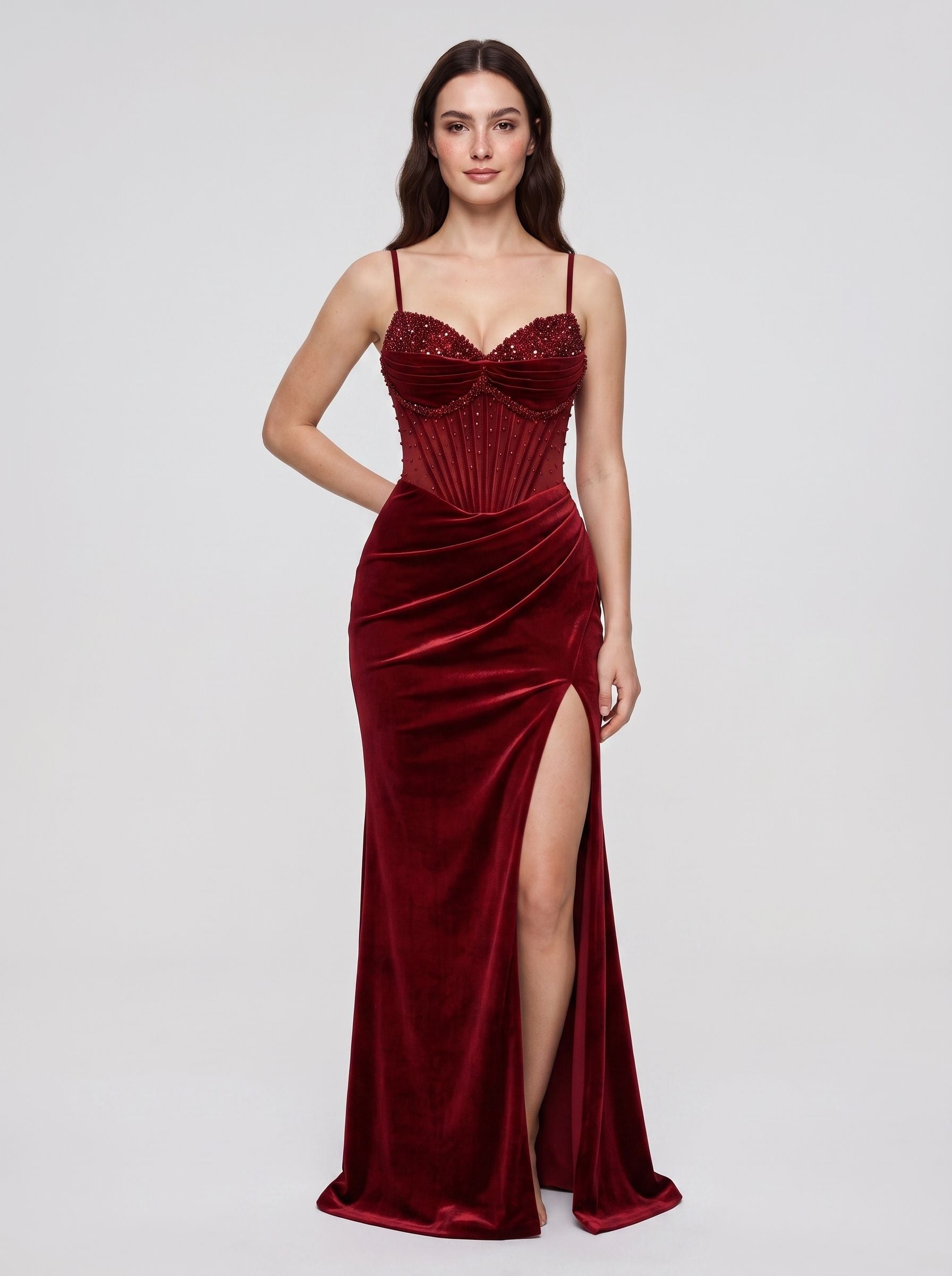 Wine Satin Mermaid Sweetheart Corset Back Floor-Length Dress with Beaded Slit
