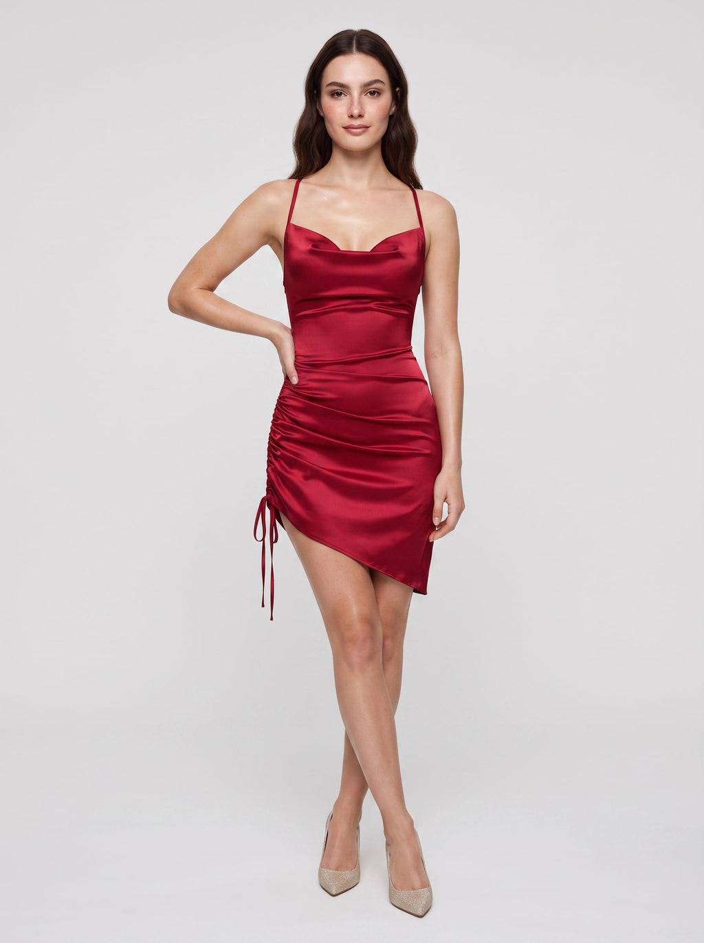 Red Satin Sheath Scoop Neck Lace-up Short Dress with Ruched Sides