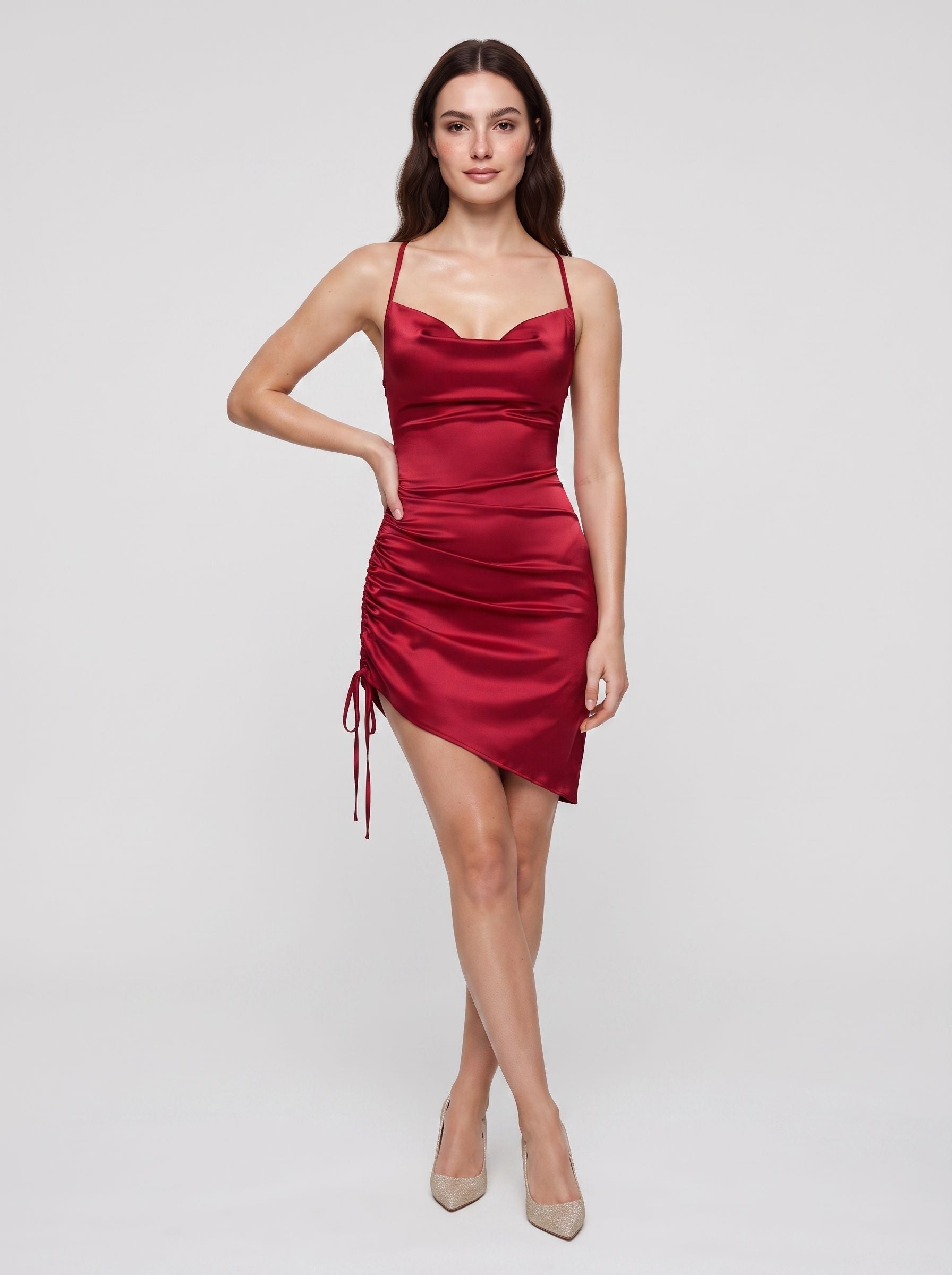 Red Satin Sheath Scoop Neck Lace-up Short Dress with Ruched Sides