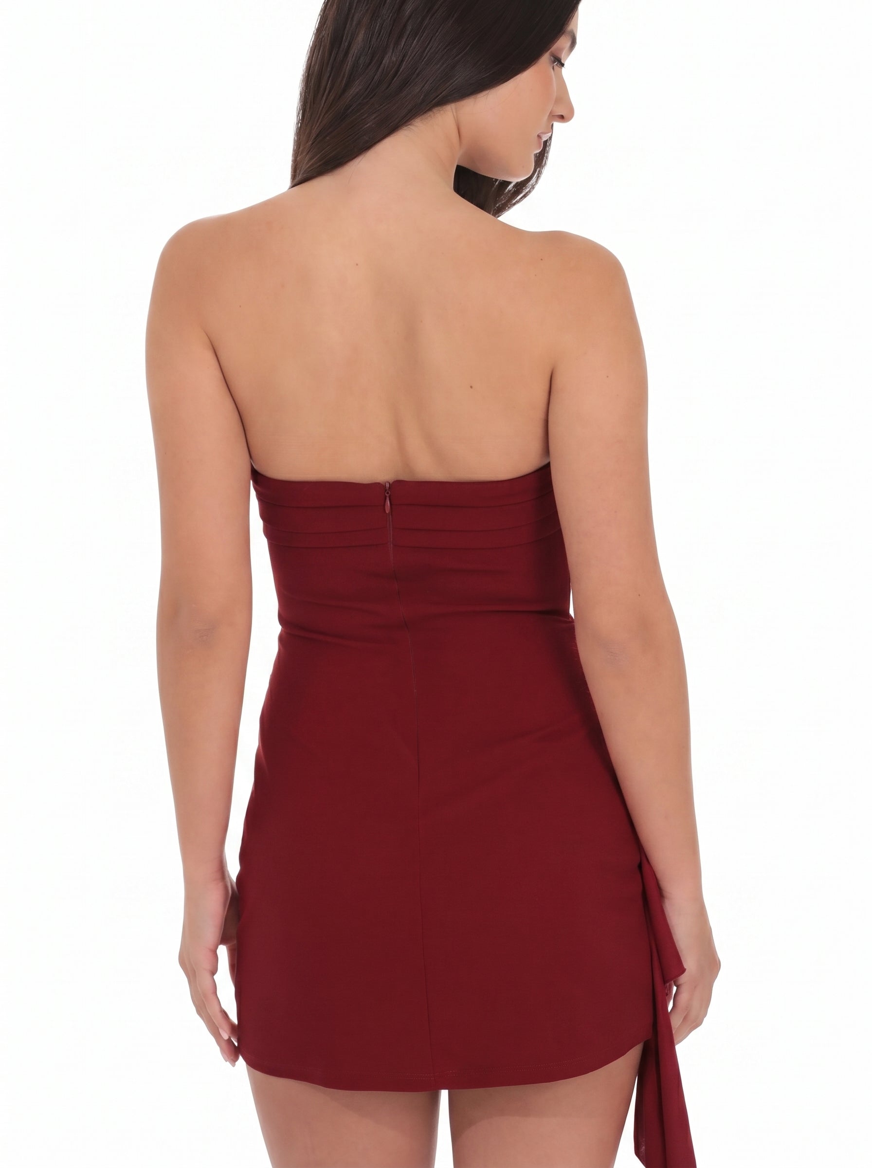 Wine Satin Sheath/column Straight Neck Side Zip Short Dress with Ruched Tassels
