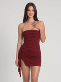 Wine Satin Sheath/column Straight Neck Side Zip Short Dress with Ruched Tassels