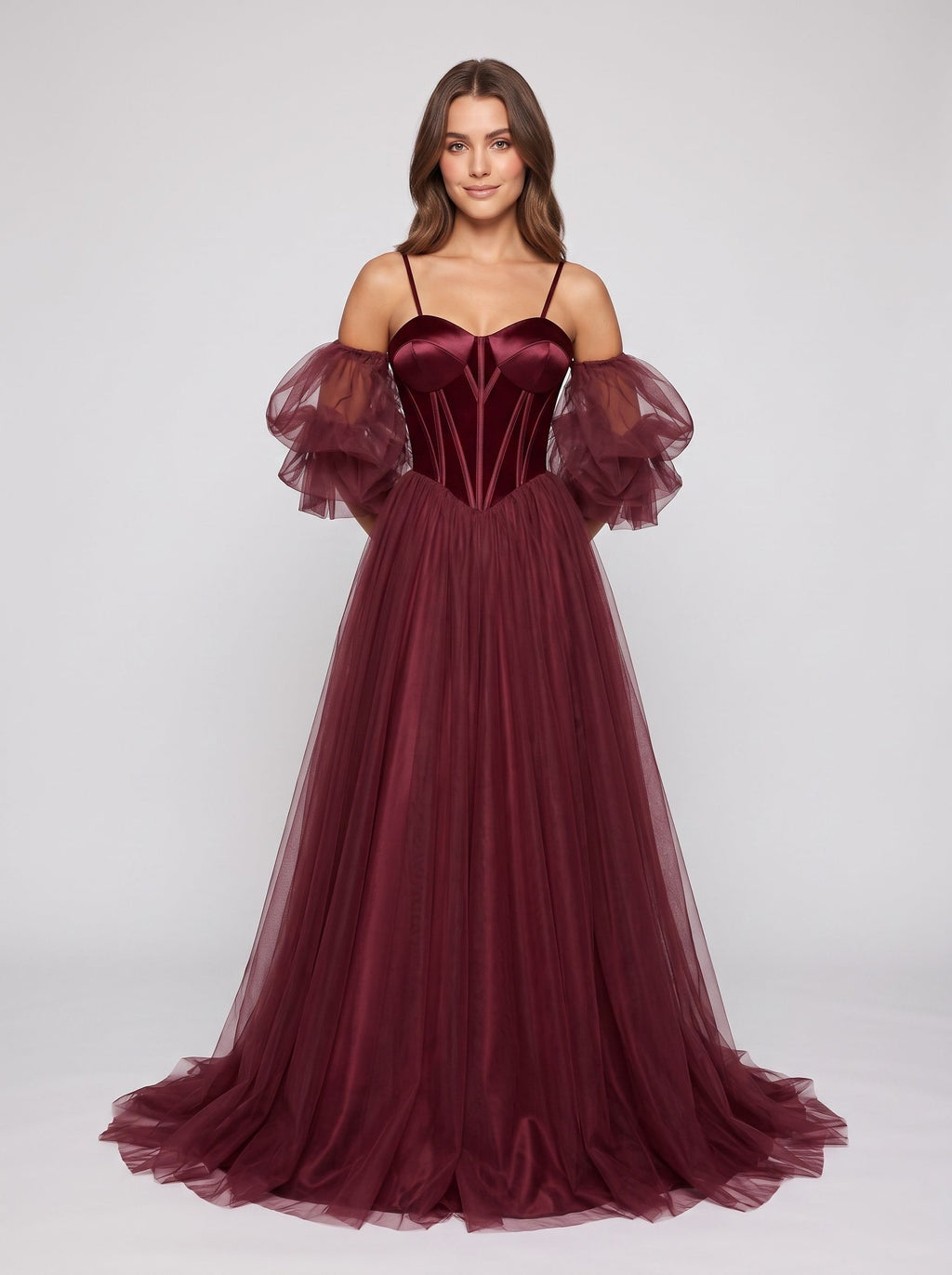 Wine Tulle A-Line Sweetheart Lace-up Floor-Length Dress with Voluminous Skirt
