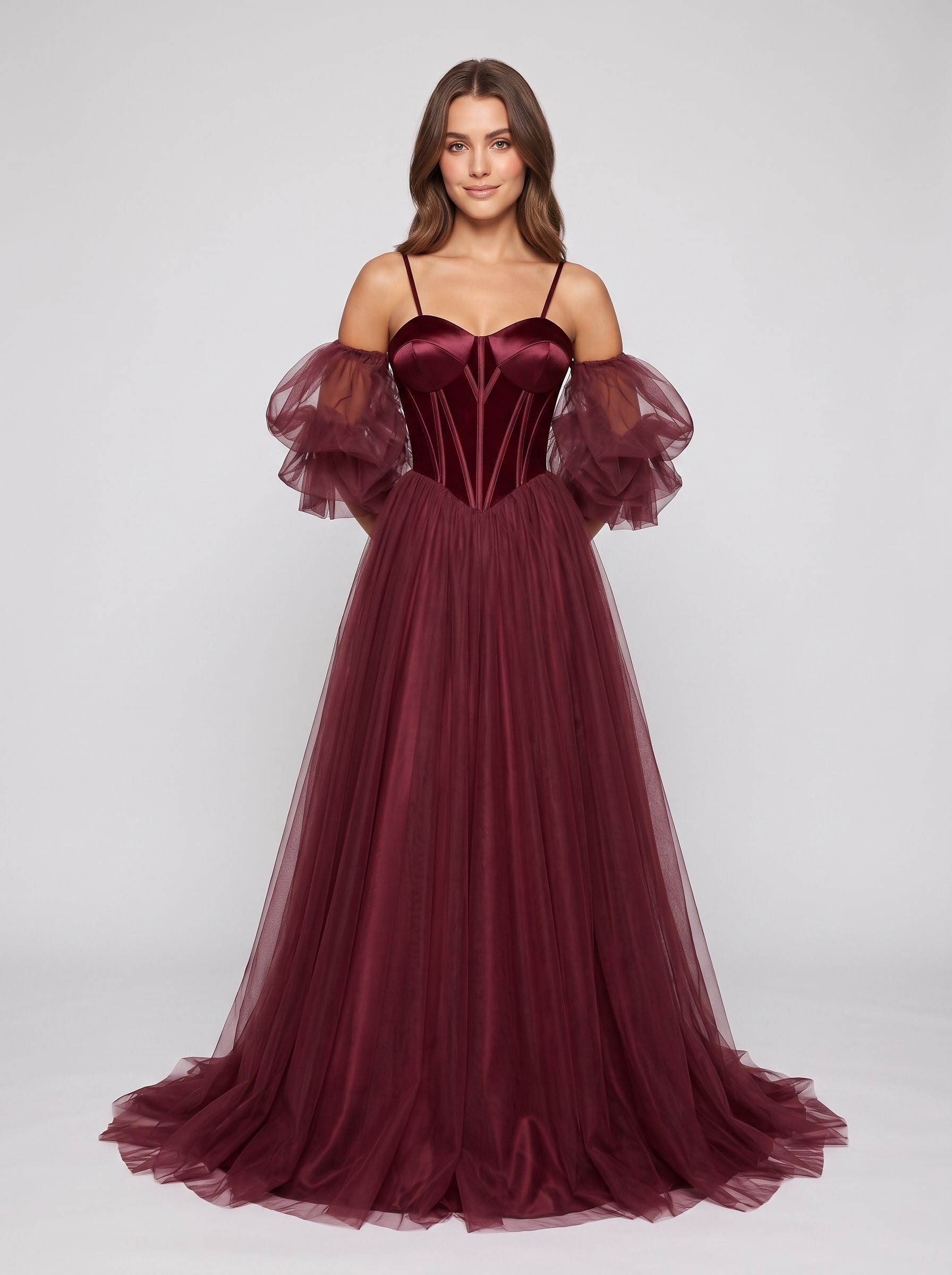 Wine Tulle A-Line Sweetheart Lace-up Floor-Length Dress with Voluminous Skirt