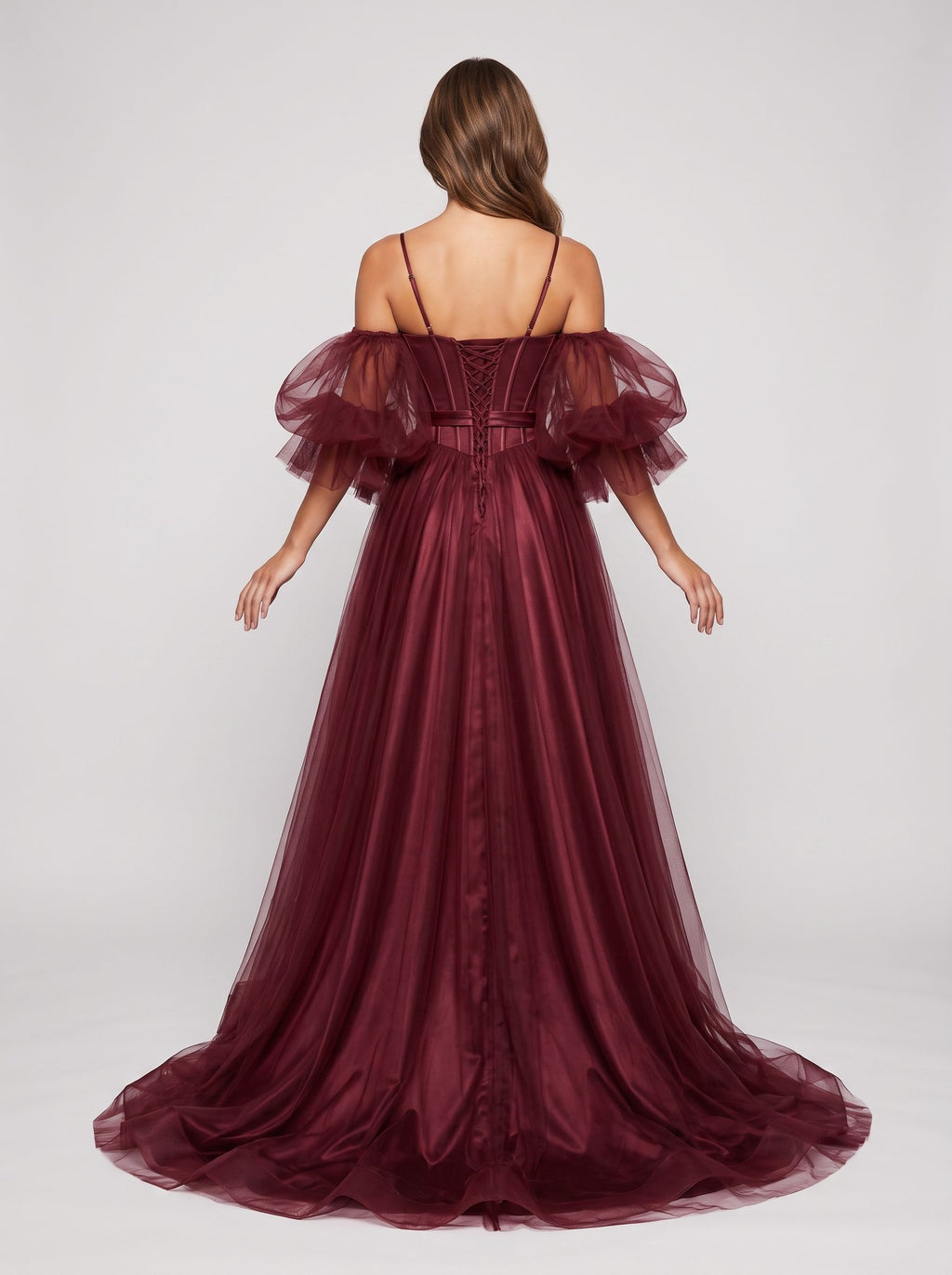 Wine Tulle A-Line Sweetheart Lace-up Floor-Length Dress with Voluminous Skirt
