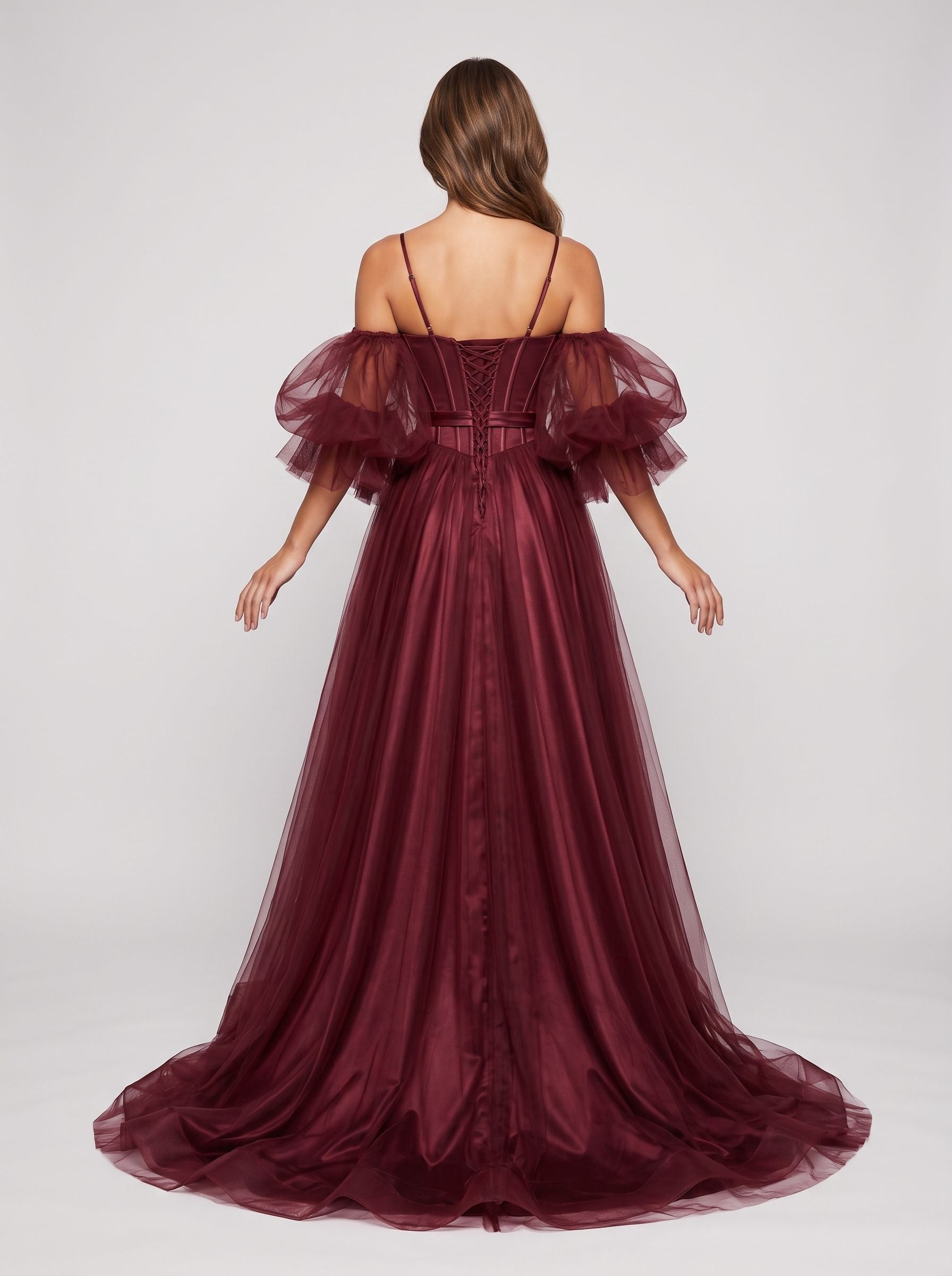 Wine Tulle A-Line Sweetheart Lace-up Floor-Length Dress with Voluminous Skirt