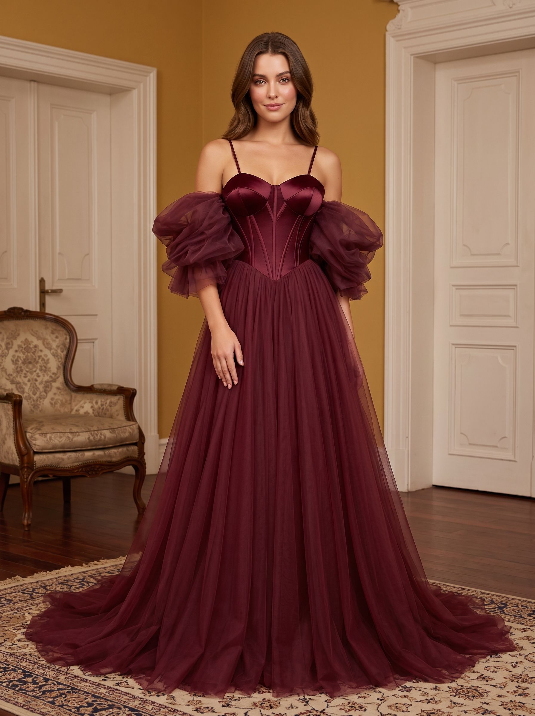 Wine Tulle A-Line Sweetheart Lace-up Floor-Length Dress with Voluminous Skirt
