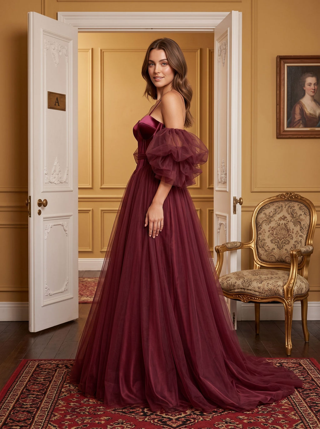 Wine Tulle A-Line Sweetheart Lace-up Floor-Length Dress with Voluminous Skirt