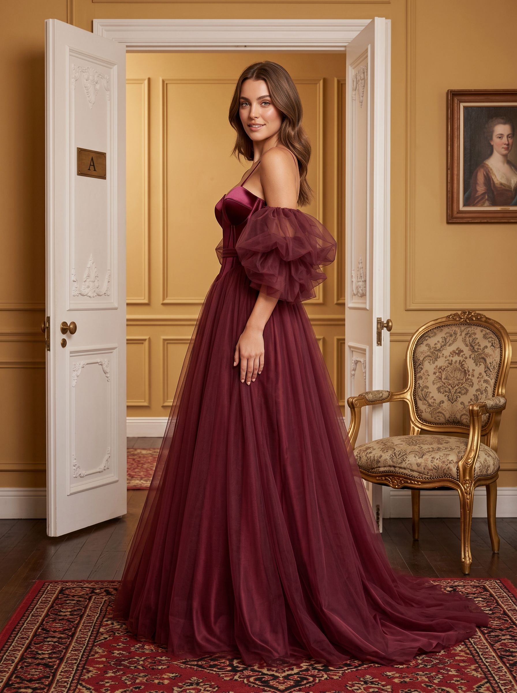 Wine Tulle A-Line Sweetheart Lace-up Floor-Length Dress with Voluminous Skirt