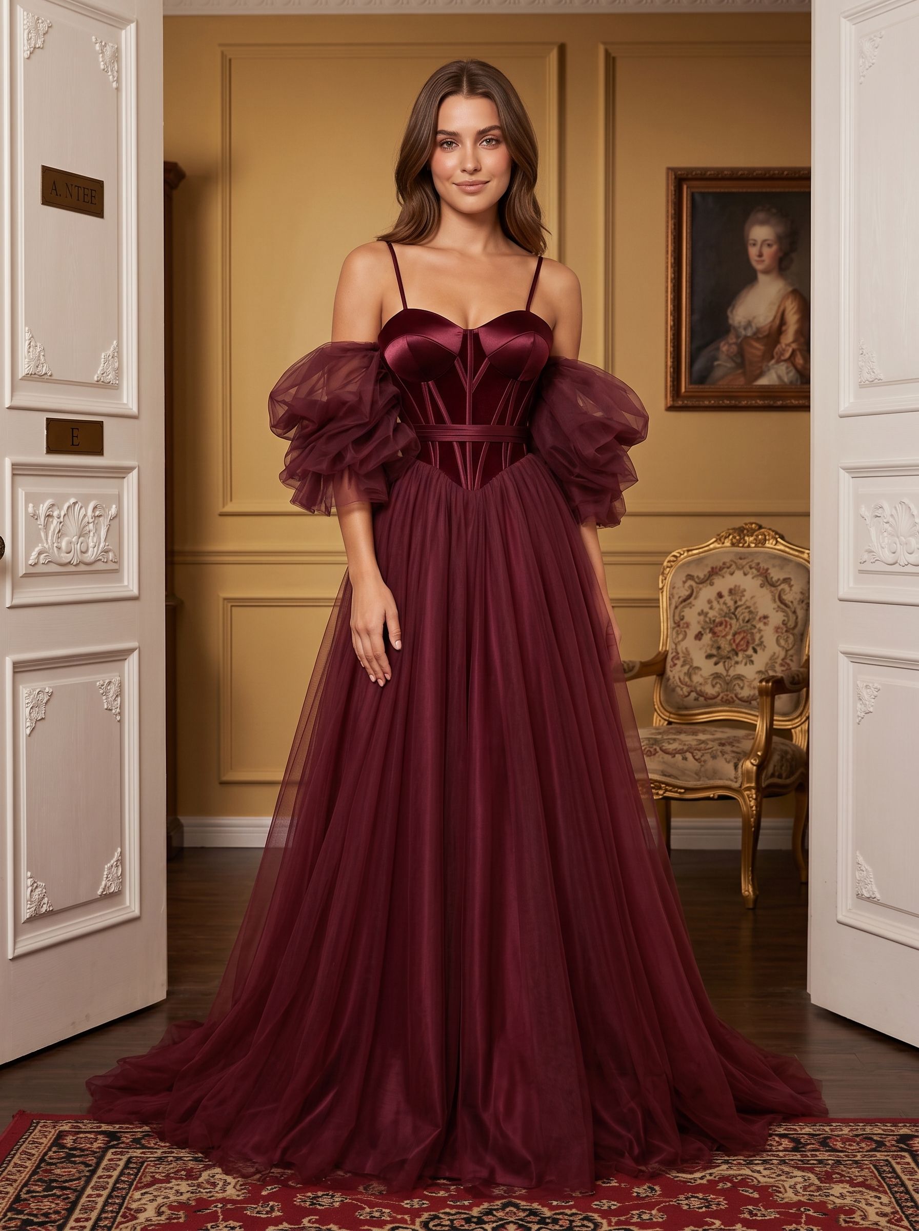 Wine Tulle A-Line Sweetheart Lace-up Floor-Length Dress with Voluminous Skirt