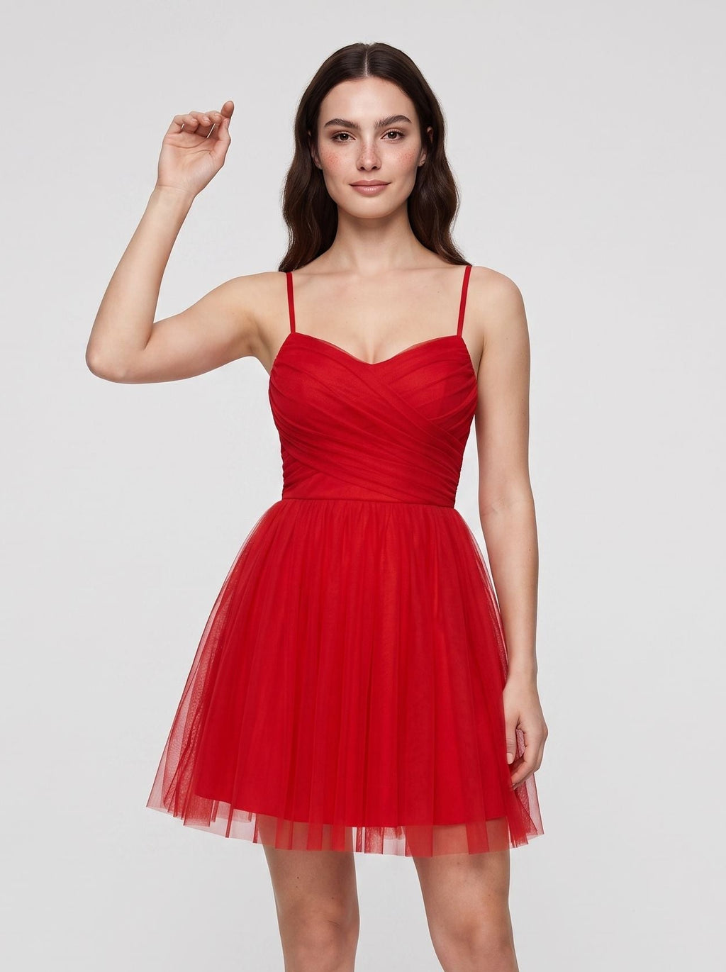 Red Tulle A-Line Scoop Neck Lace-up Short Dress with Pleated Bodice