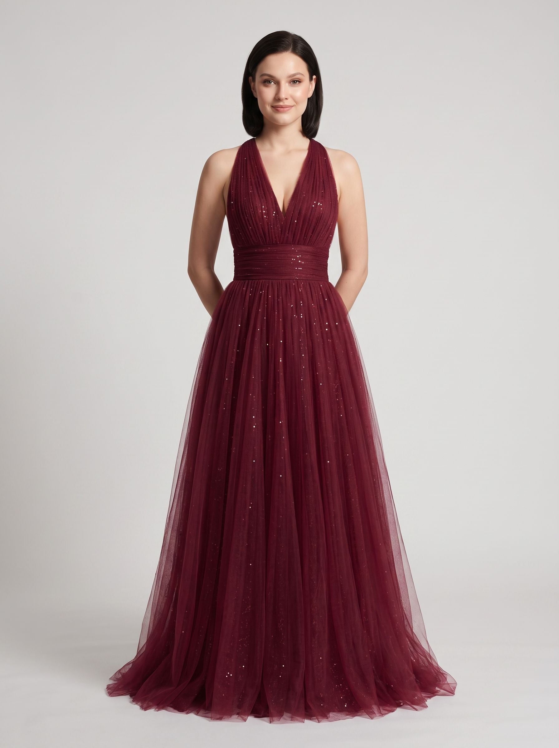 Burgundy  Tulle A-Line V-Neck Backless Floor-Length Dress with Pleated Bodice