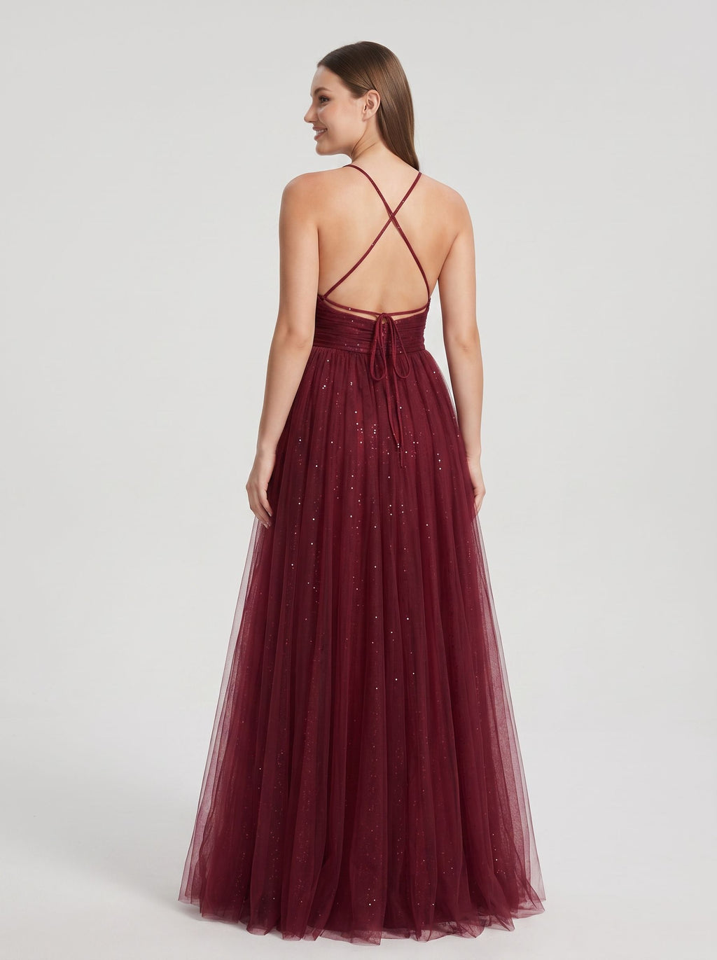 Burgundy  Tulle A-Line V-Neck Backless Floor-Length Dress with Pleated Bodice