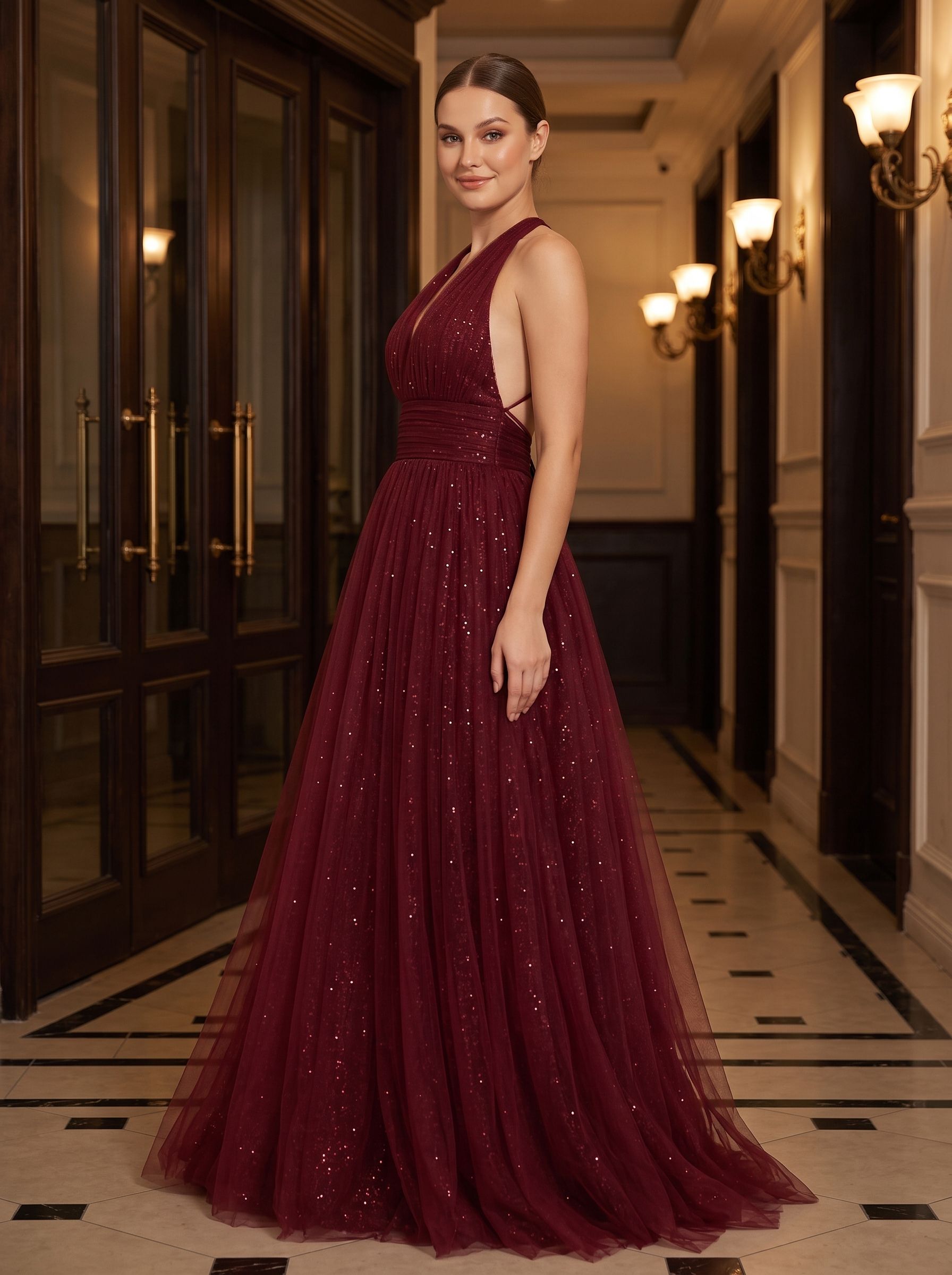 Burgundy  Tulle A-Line V-Neck Backless Floor-Length Dress with Pleated Bodice
