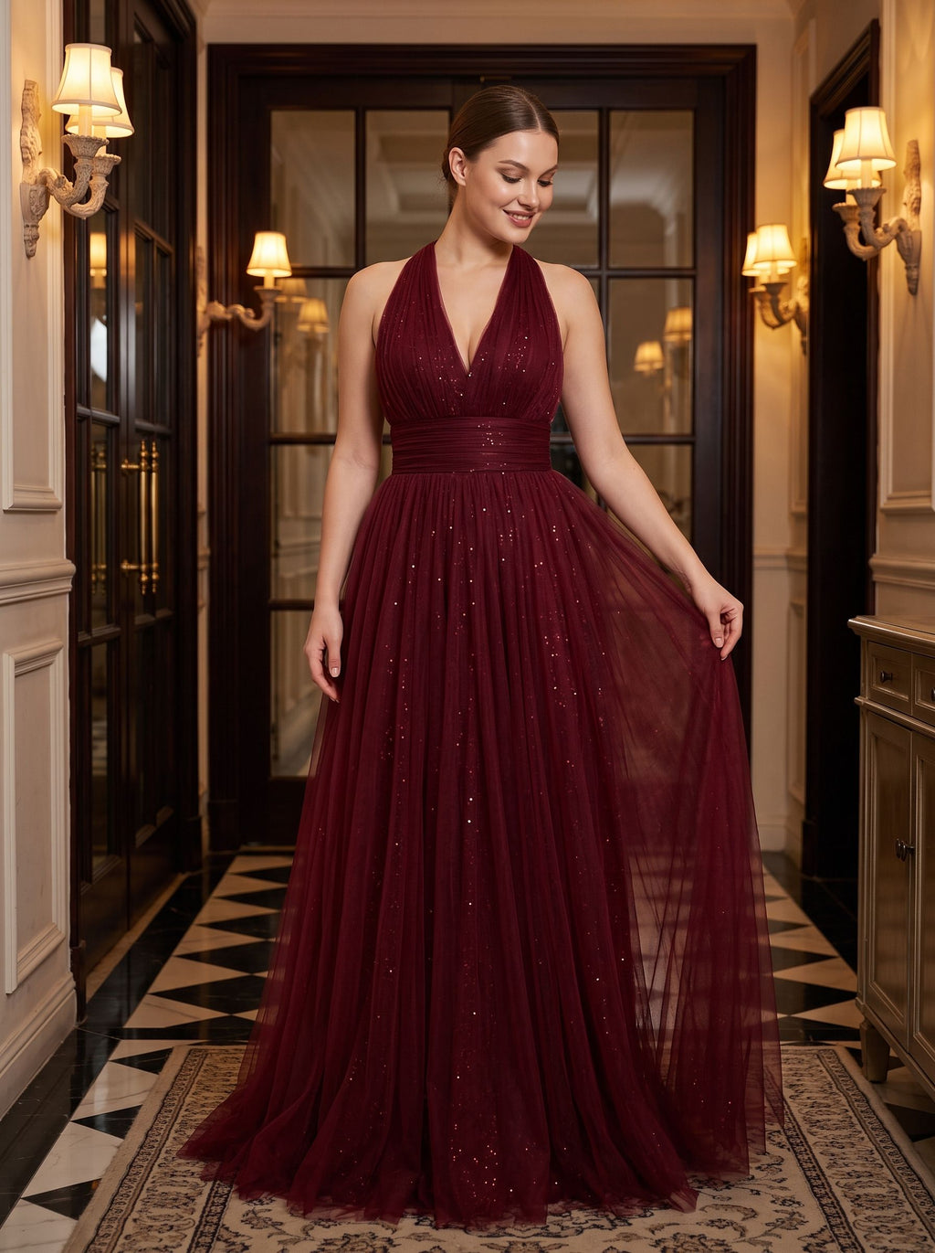 Burgundy  Tulle A-Line V-Neck Backless Floor-Length Dress with Pleated Bodice