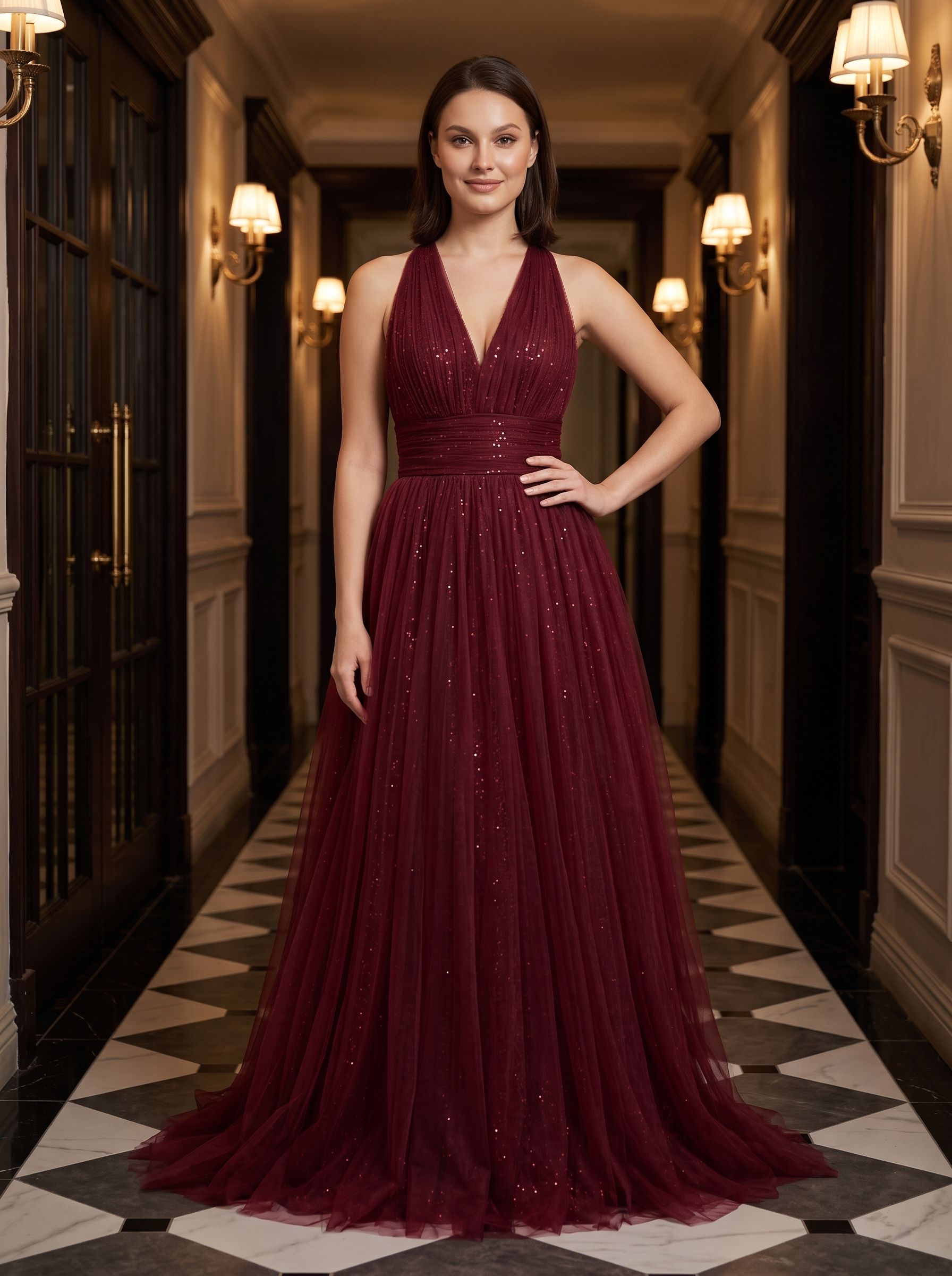 Burgundy  Tulle A-Line V-Neck Backless Floor-Length Dress with Pleated Bodice