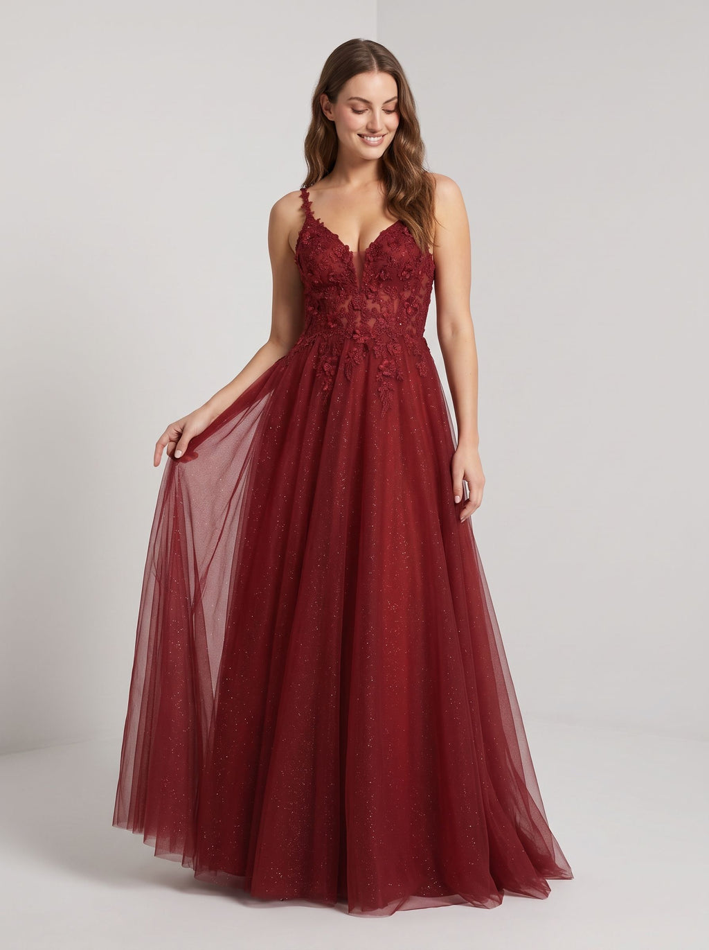 Wine Tulle A-Line V-Neck Illusion Floor-Length Dress with Floral Embroidery