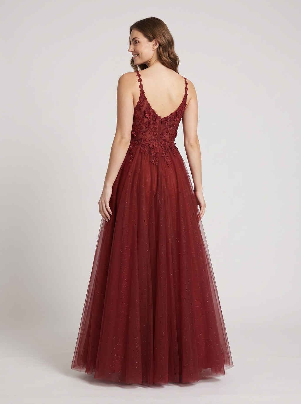 Wine Tulle A-Line V-Neck Illusion Floor-Length Dress with Floral Embroidery